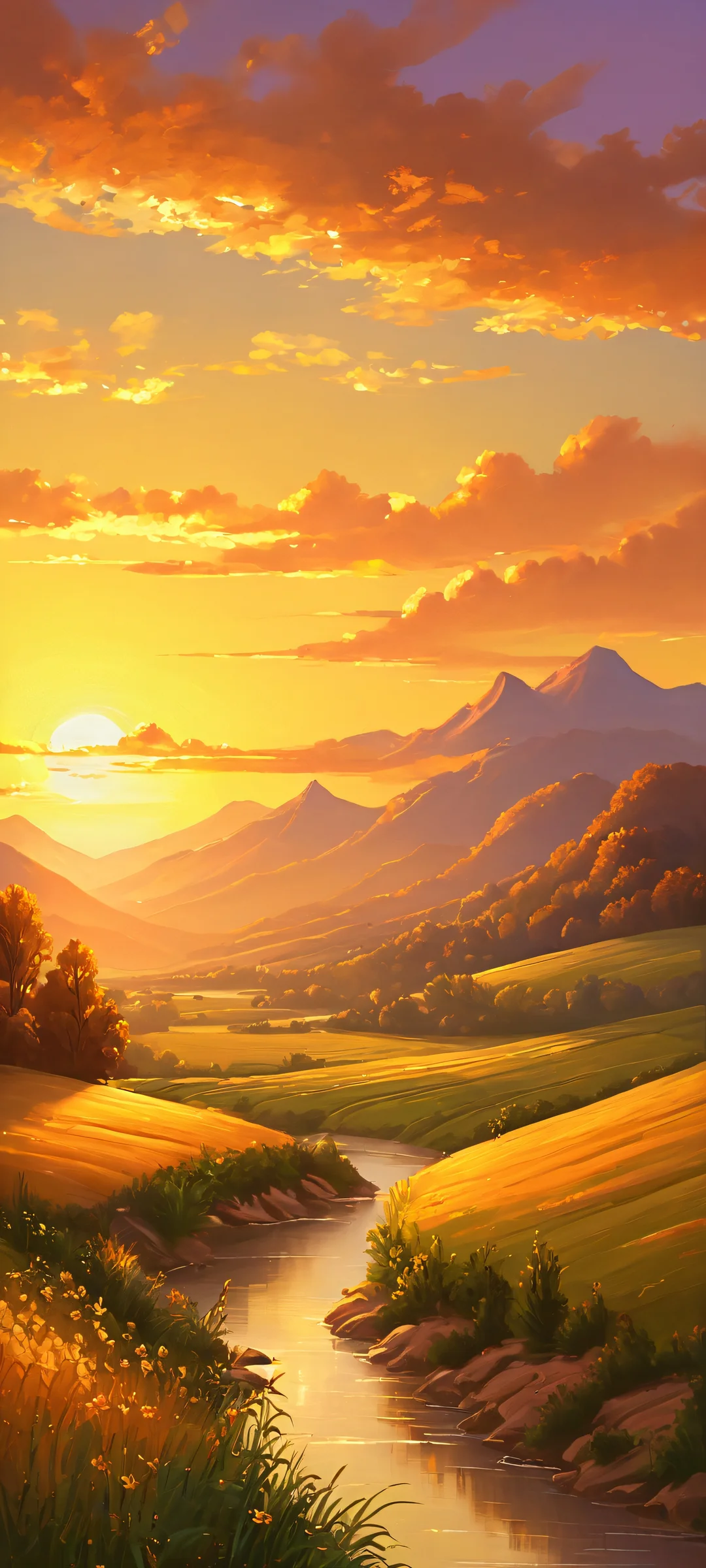 Enchanting Mountain Sunset 2K Phone Wallpaper iPhone and Android users will love this breathtaking vertical mobile phone wallpaper of a valley at sunset, painted in exquisite detail with a warm golden glow.