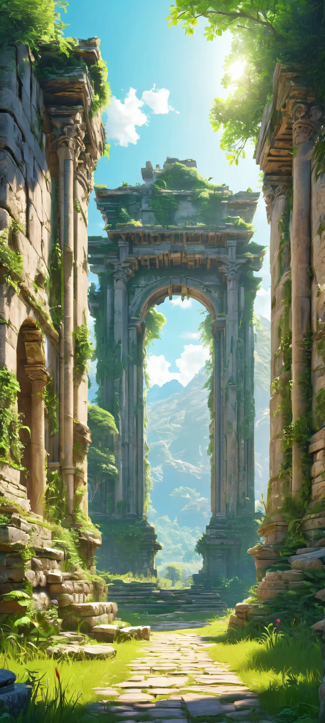 Explore the mystical iPhone/Android wallpaper featuring ancient ruins of Highguard, a digital art masterpiece blending nature and architecture.