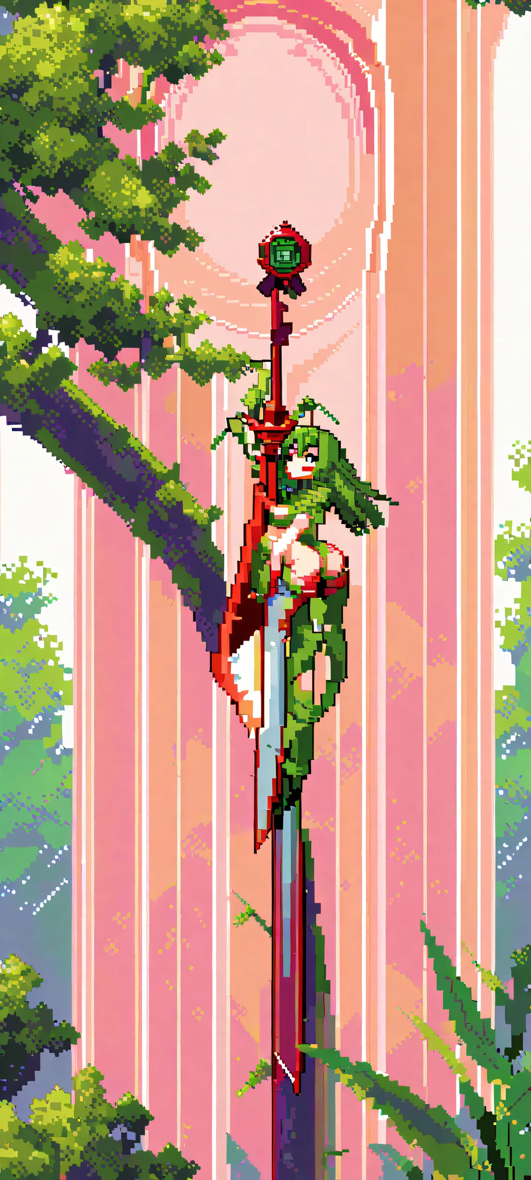 Epic Anime Warrior iPhone & Samsung QHD Wallpaper A stunning anime-inspired vertical wallpaper featuring a powerful warrior surrounded by lush plants and vibrant pixel art, perfectly optimized for iPhone, Samsung Galaxy, and Android home screens.