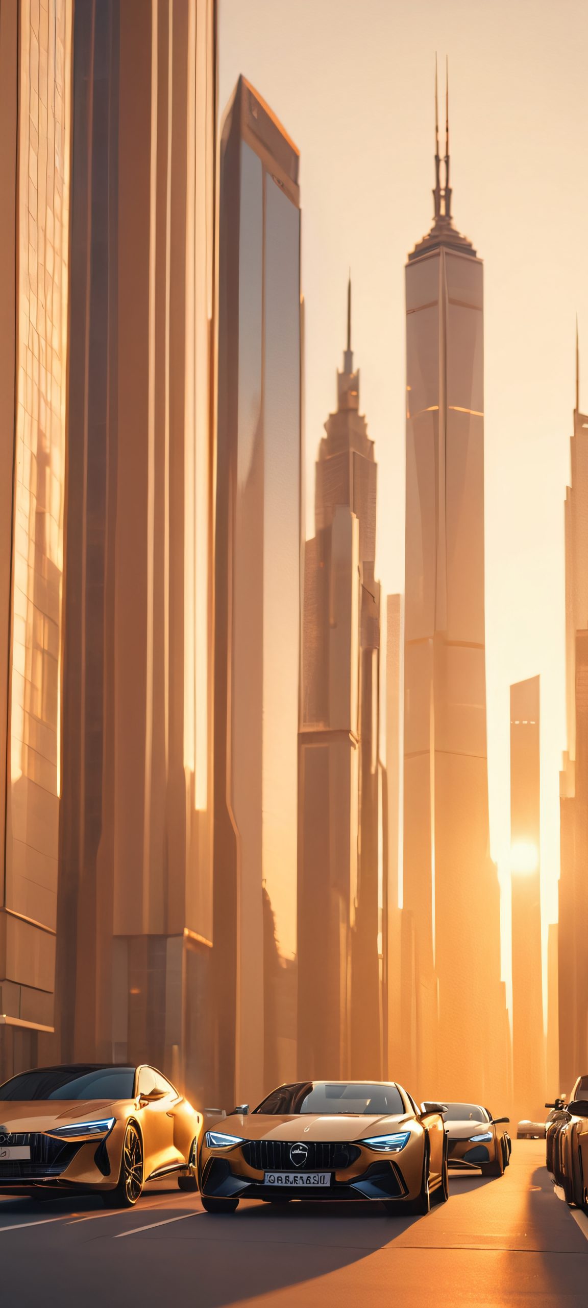 Epic cityscape wallpaper featuring cars and skyscrapers, perfect for iPhone and Android devices