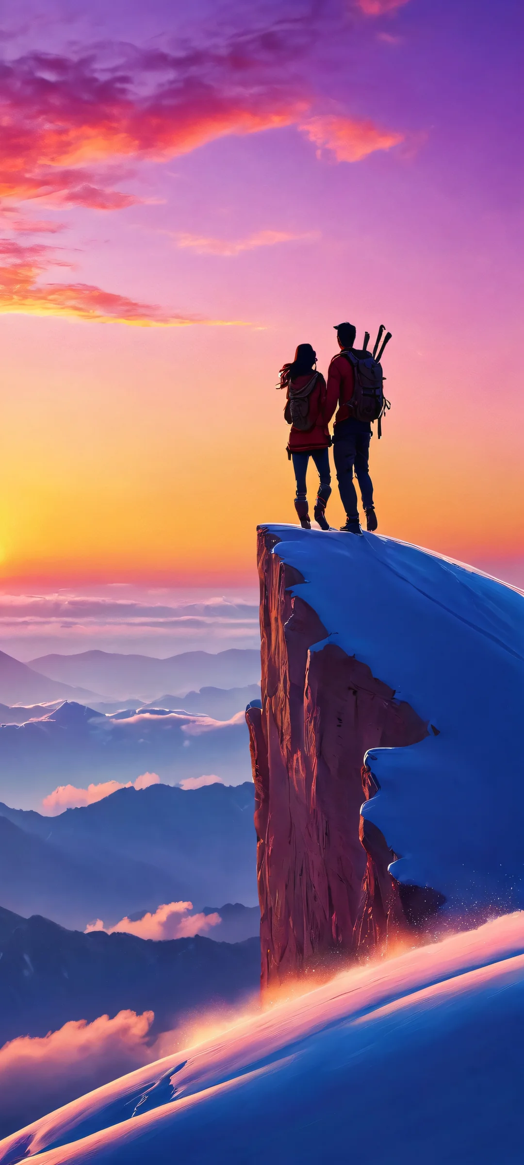 A romantic couple embracing while standing at the edge of a stunning cliff overlooking a breathtaking landscape. Perfect for iPhone/Android home screens.