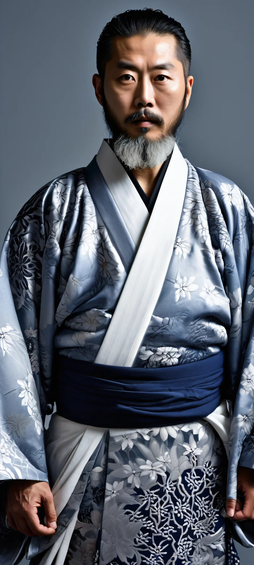 iPhone/Android user Jin Sakai stands heroically with intricate micro-details of his kimono and beard, against a stunning pure void backdrop.