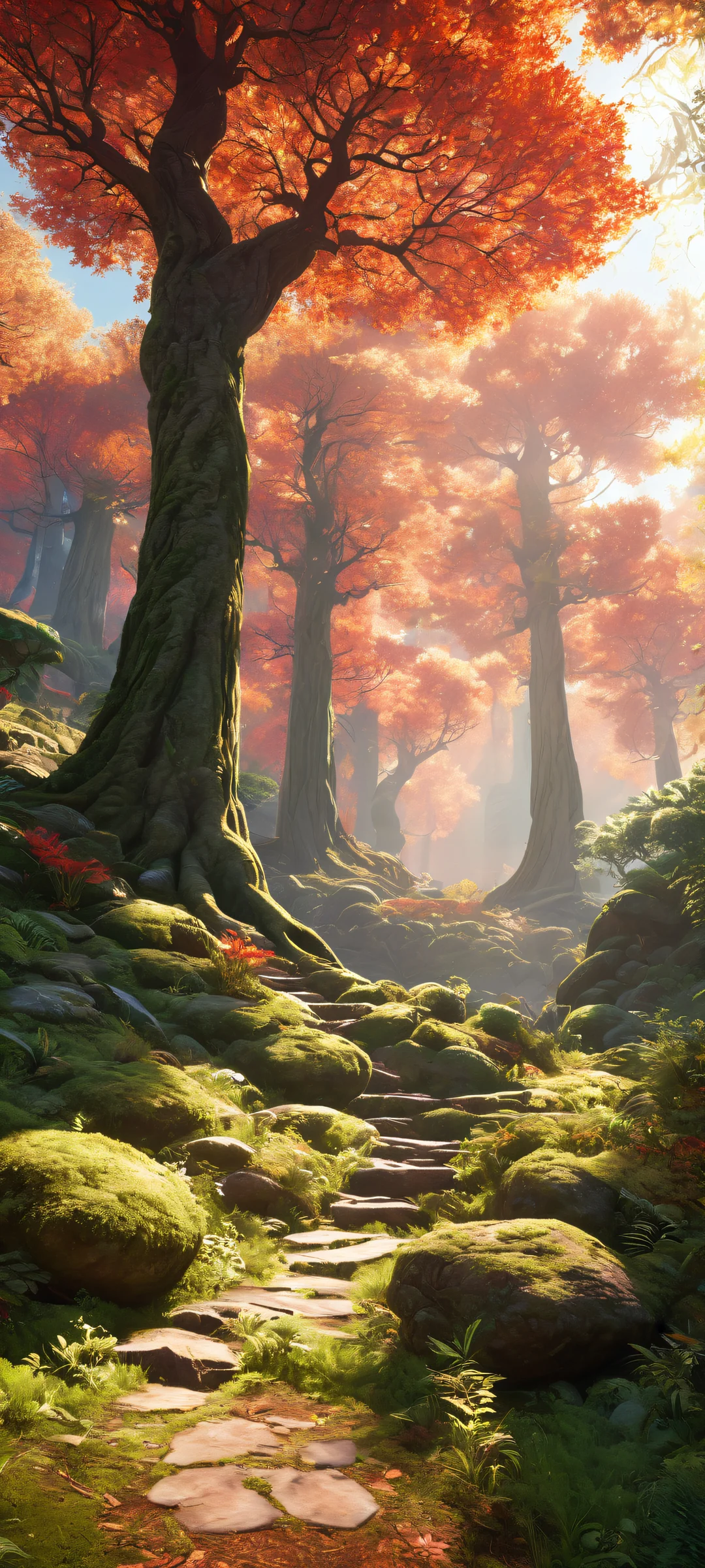 Video Game Men standing amidst serene forest scene with CGI trees and leaves, perfectly optimized for iPhone/Android home screens.