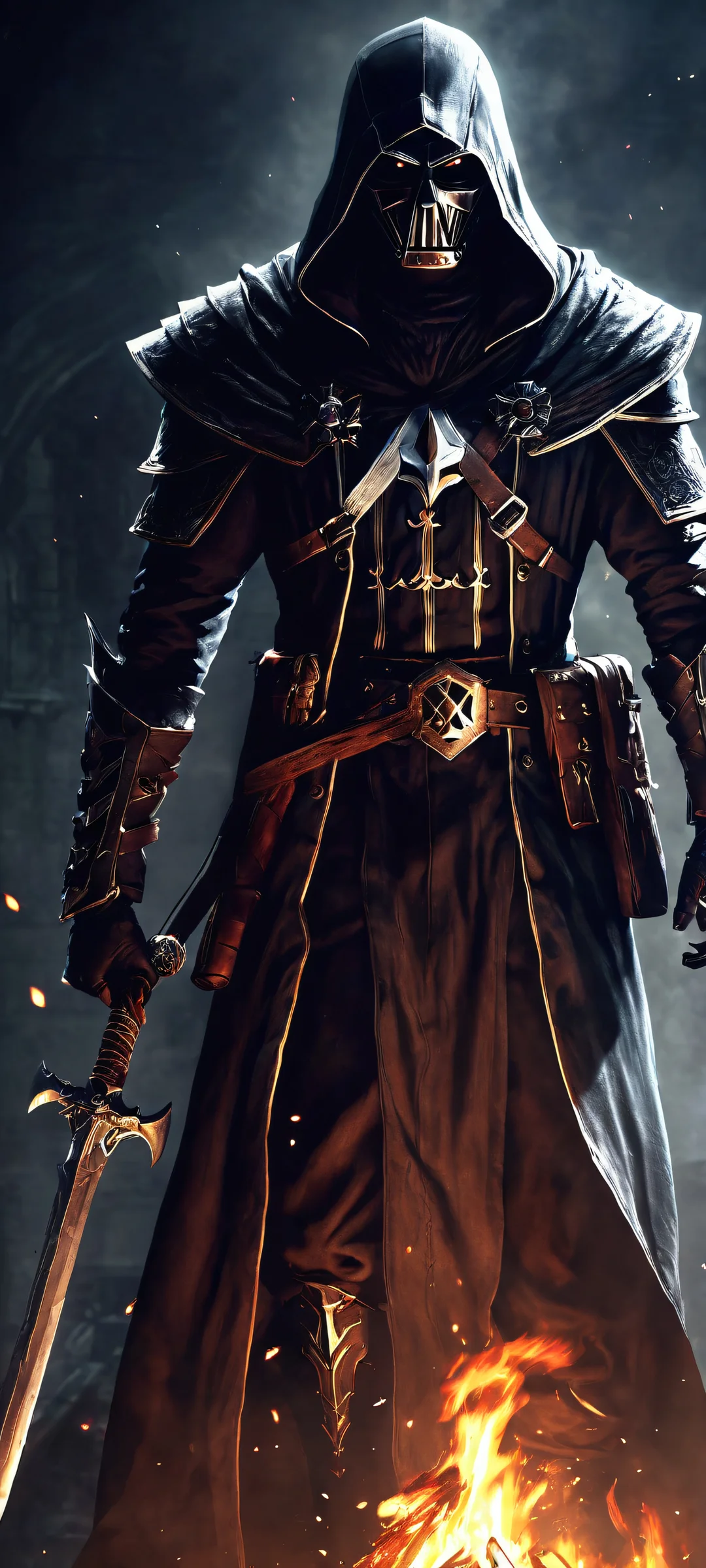 Video game characters in a dark fantasy setting, perfect for iPhone/Android home screens.