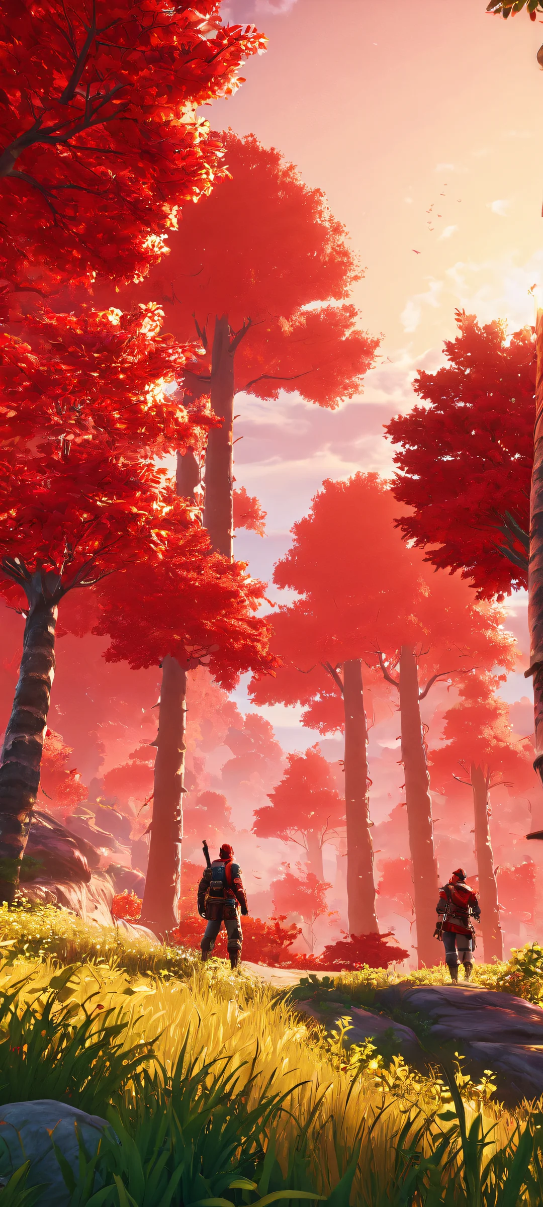 Video game characters standing amidst a breathtaking red sunset on a fantasy landscape with tall trees and mountains - perfect for iPhone and Android home screens.