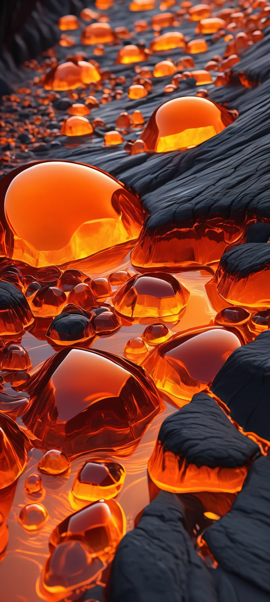 Erupting Fortress of Fire iPhone & Android Wallpaper A stunning iPhone/Android wallpaper featuring a volcanic cliff with glowing molten channels against a deep black and fiery orange backdrop.