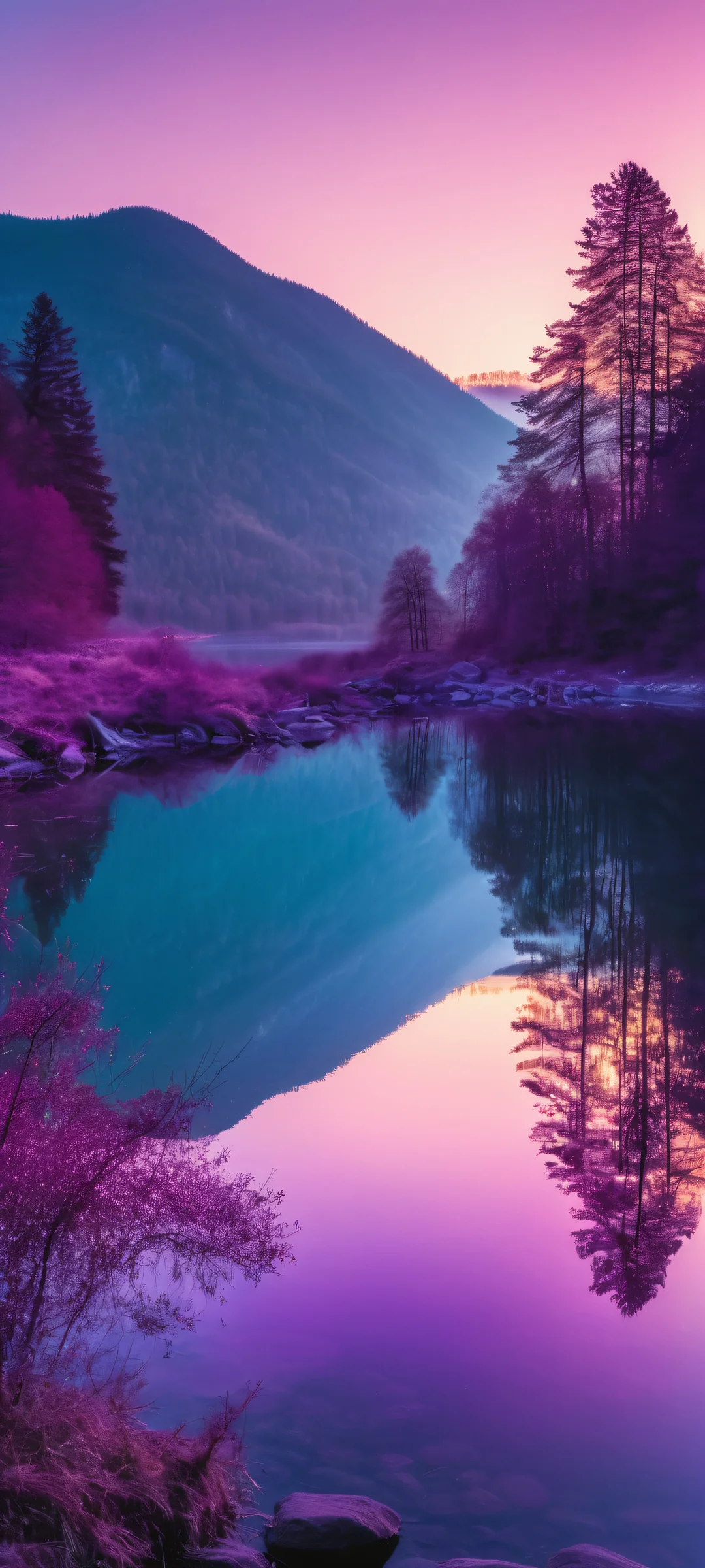 Surreal lake shore reflections at twilight, perfectly optimized for iPhone/Android home screens.