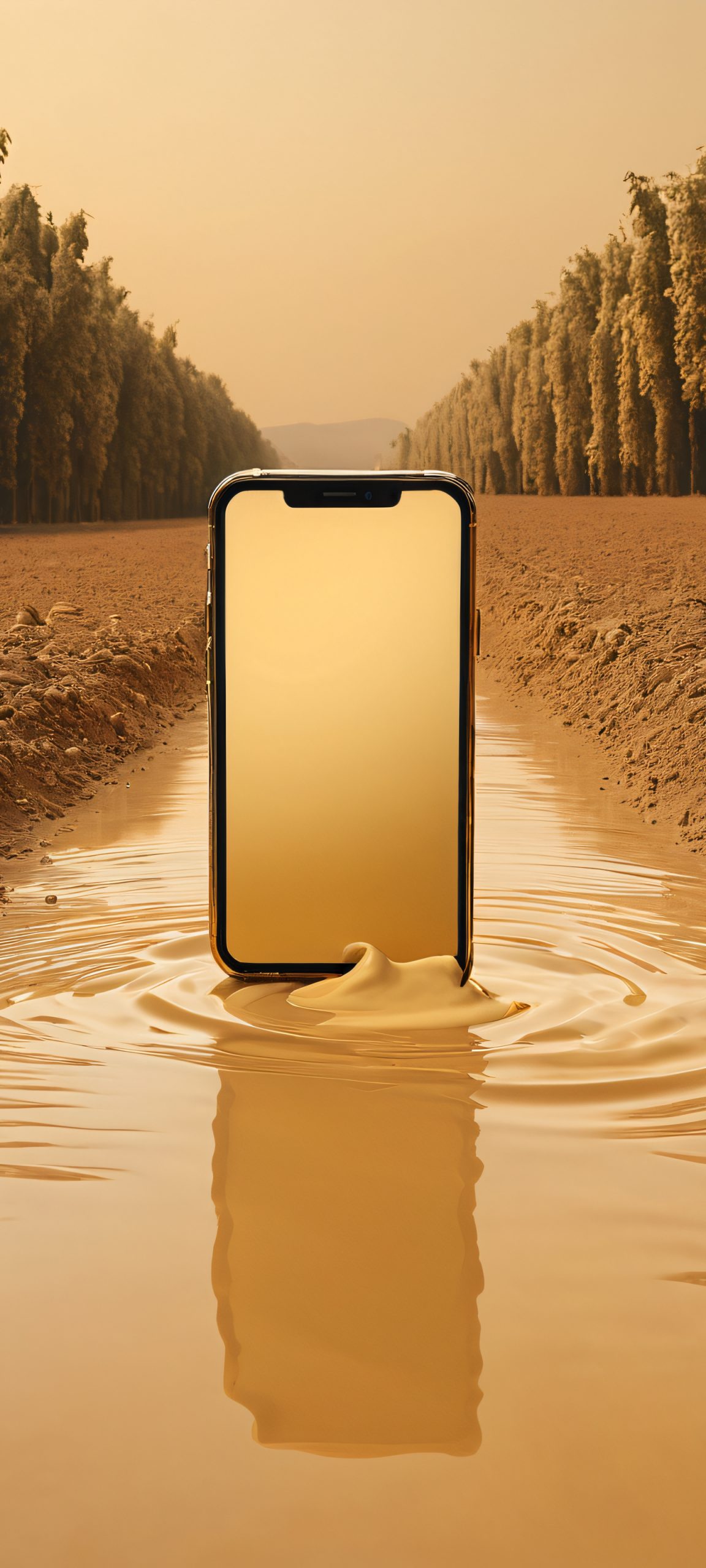 A surreal abandoned landscape on a golden and cream-toned background, perfectly optimized for iPhone, Samsung Galaxy, and Android home screens.
