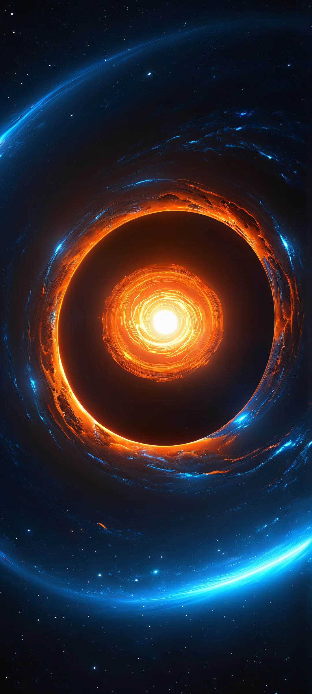 A breathtaking vertical mobile phone wallpaper of a black hole set against a backdrop of deep space, featuring electric blue and neon orange hues. Perfect for iPhone/Android home screens.