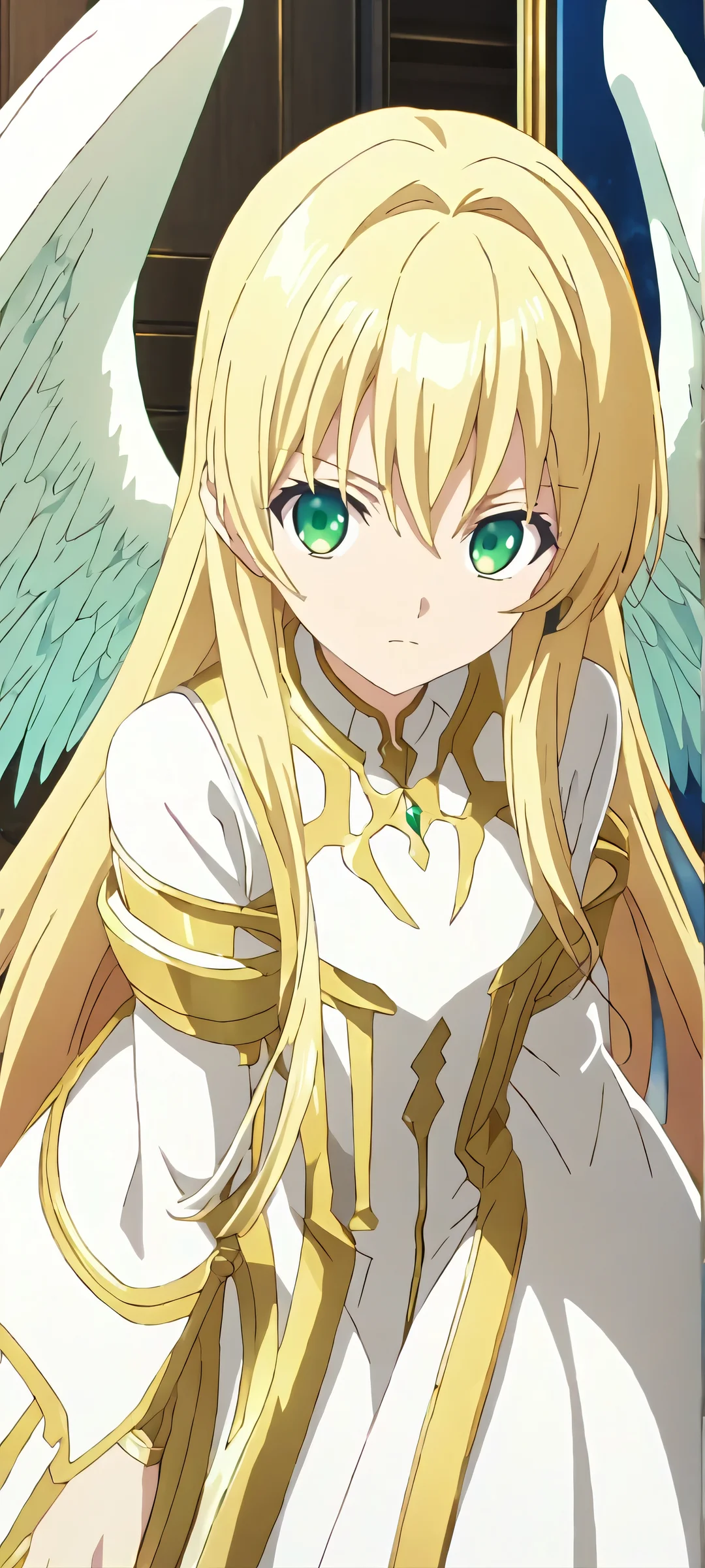 Ethereal Angel 2K Mobile Background Stunning vertical mobile phone wallpaper featuring an angel with bright closed mouth wings and green eyes. Perfect for iPhone/Android home screens.