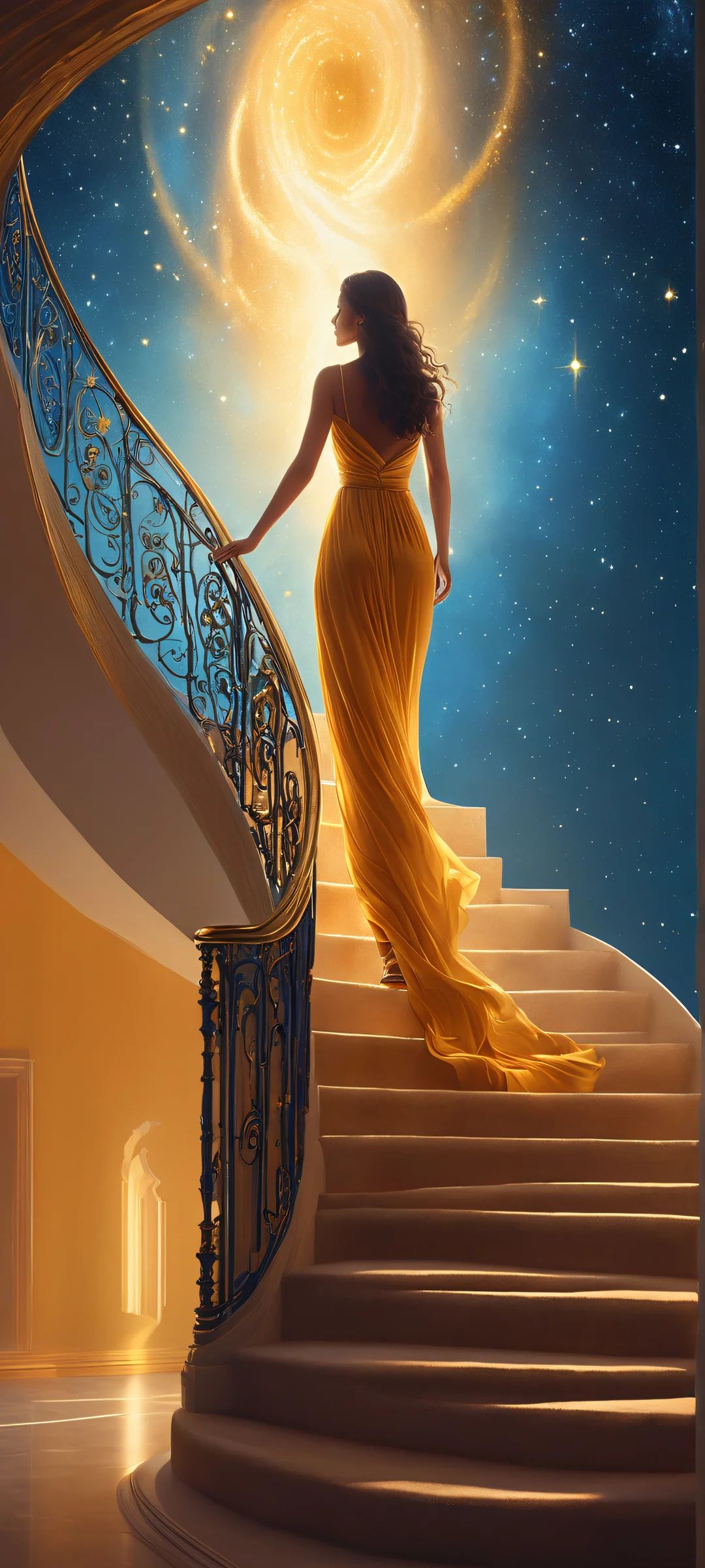 iPhone and Android users will be mesmerized by this stunning vertical wallpaper featuring an ethereal woman ascending a surreal staircase to the stars, set against a deep blue twilight sky with golden hues.