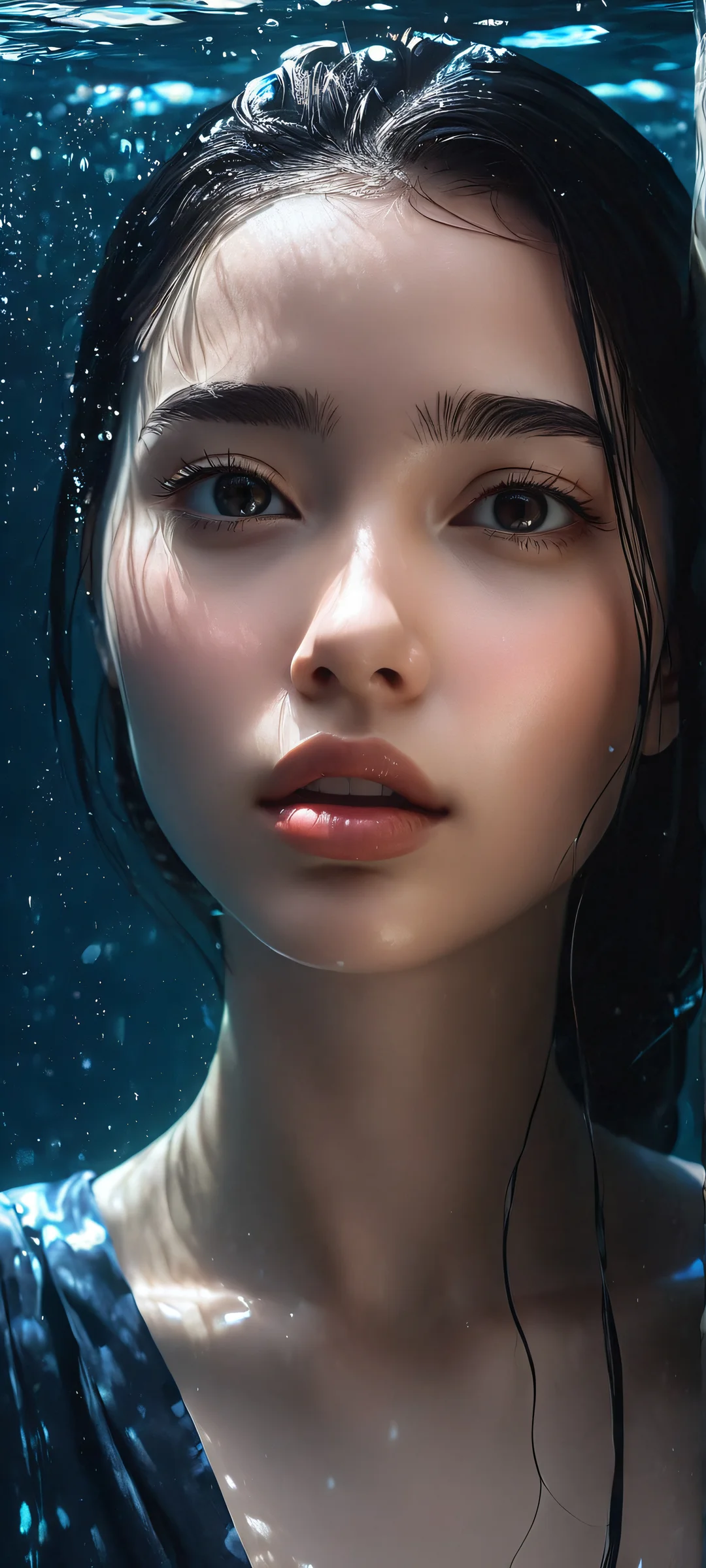 iPhone and Android users, indulge in this stunning vertical wallpaper featuring a mysterious girl surrounded by dark waters. Perfectly optimized for your mobile home screen.