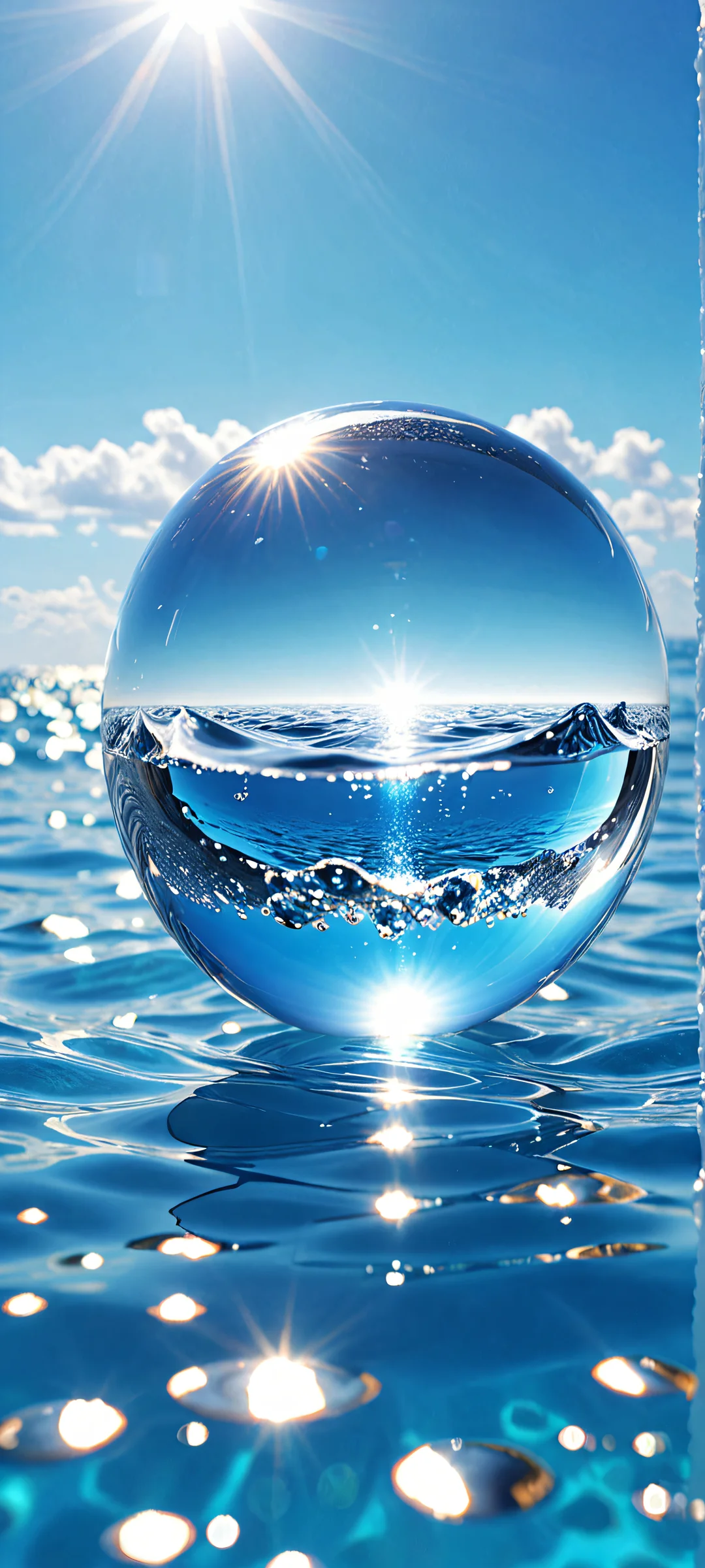 A stunning vertical mobile wallpaper featuring a serene sphere suspended in water under the warm sunlight. Perfect for iPhone and Android home screens.
