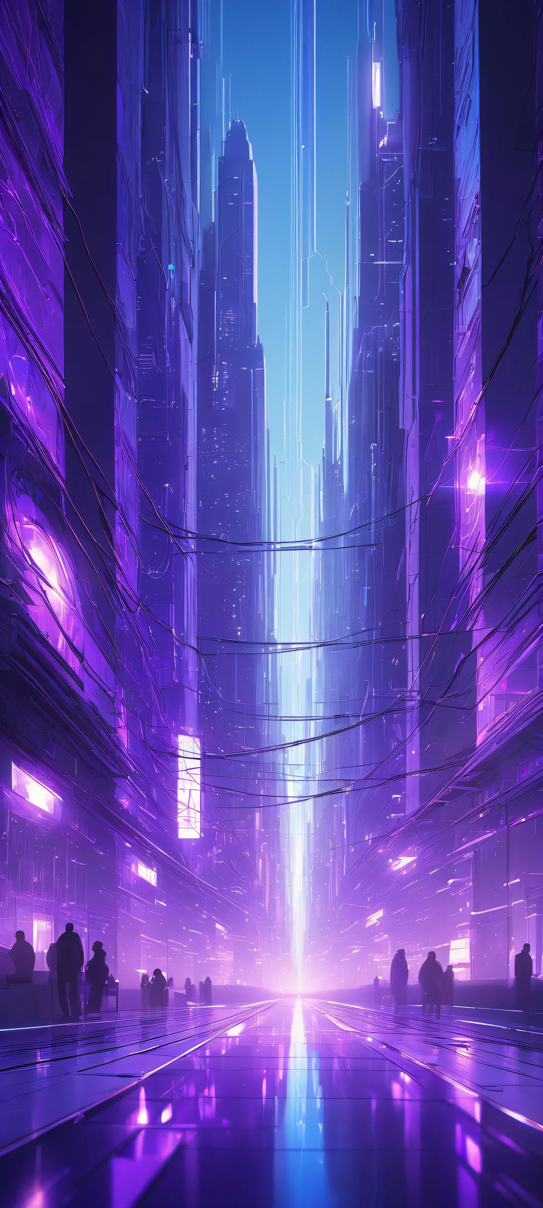 iPhone/Android wallpaper featuring a breathtaking vertical portrait artwork of a futuristic cityscape within a shadowy circuit, with intricate micro-details and radiant lighting.