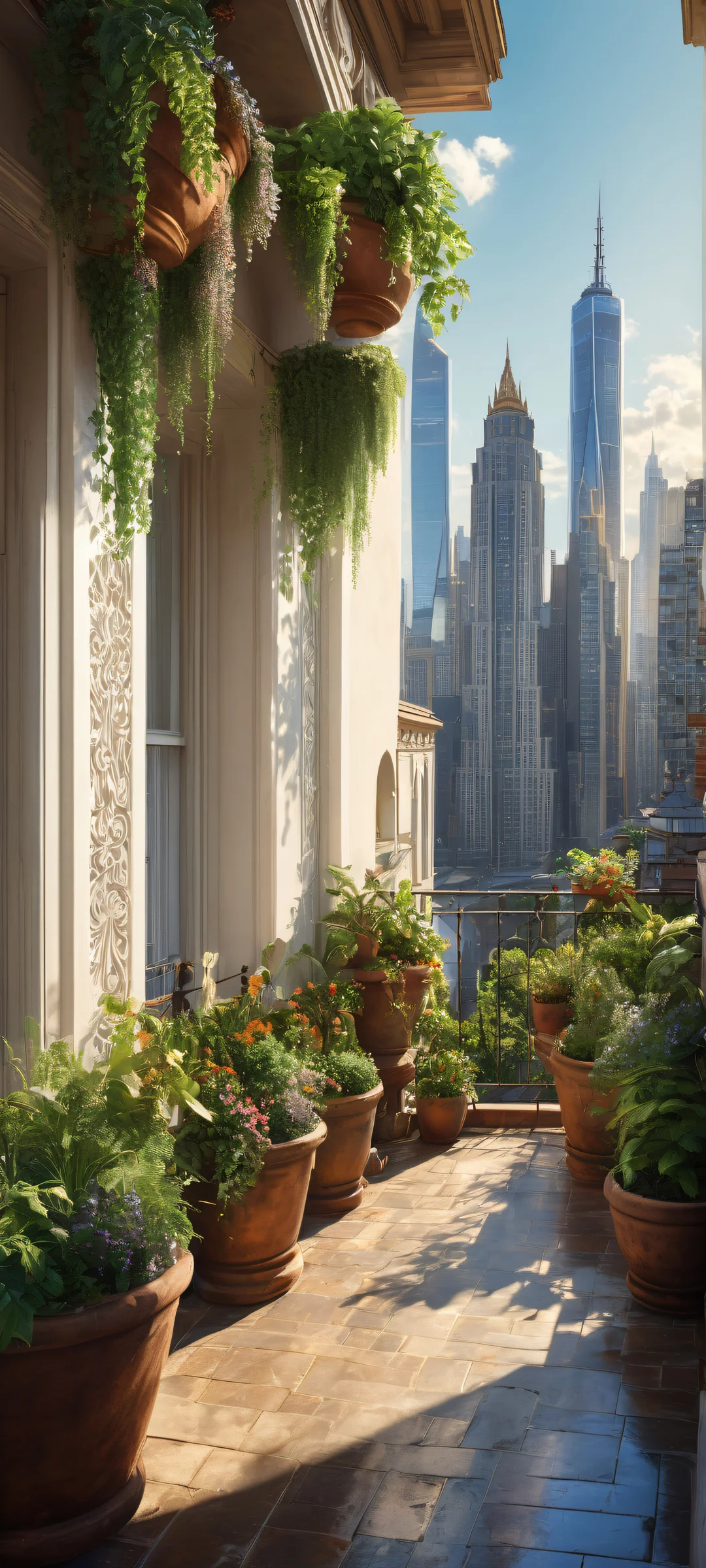 A stunning vertical portrait of an urban blend featuring a balcony with lush plants and a city skyline in the background, perfectly optimized for iPhone, Samsung Galaxy, and Android home screens.