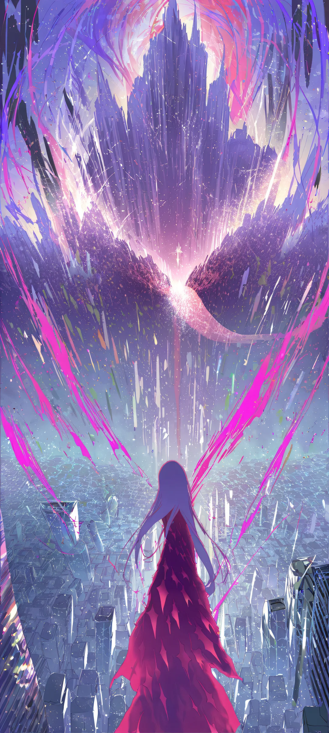 Ethereal Cityscape 2K QHD Home Screen Vertical portrait of a girl amidst an urban cityscape on iPhone or Android phone.