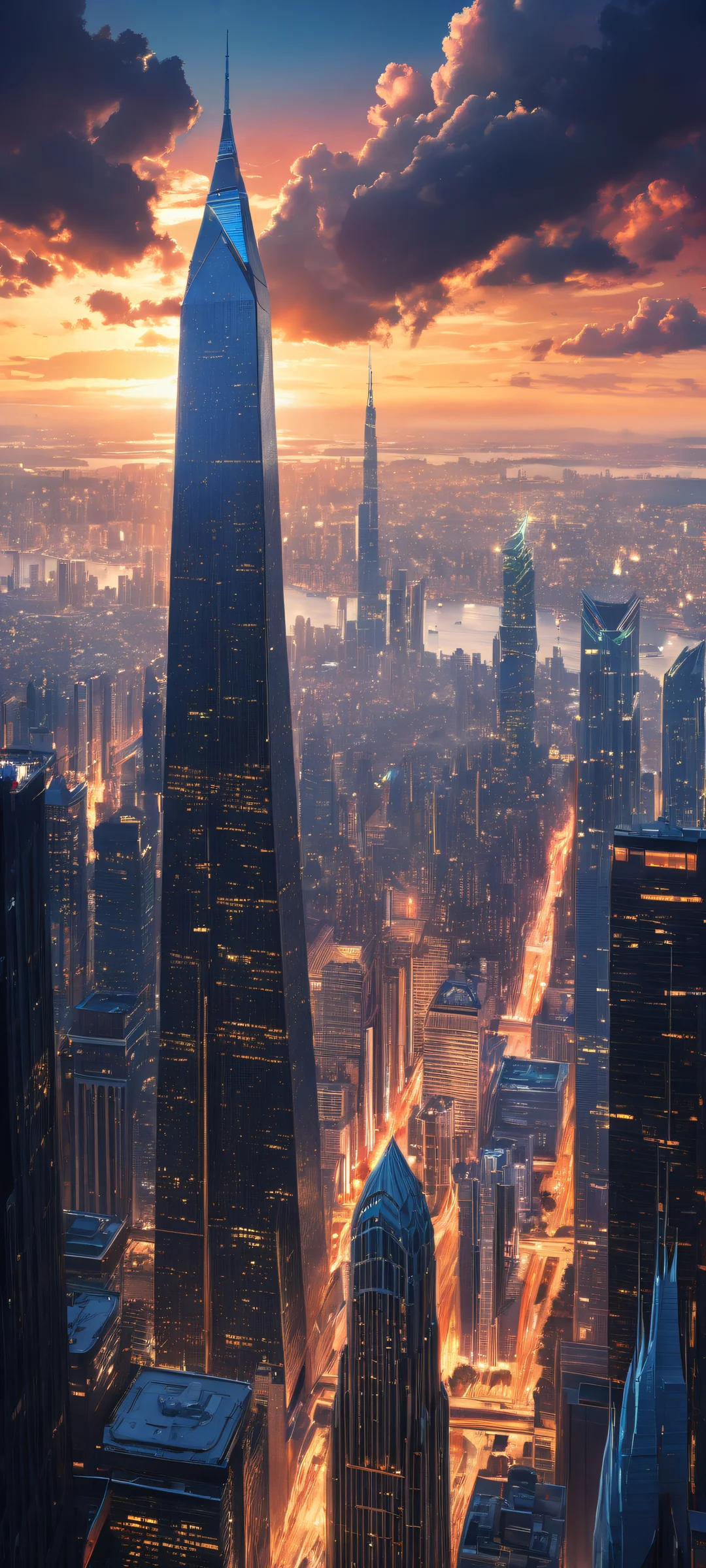 Ethereal Cityscapes 2K QHD Home Screen A breathtaking vertical portrait artwork of Ethereal Cityscapes placed in the lower-middle with intricate micro-details of gleaming skyscrapers and wispy clouds on iPhone/Android