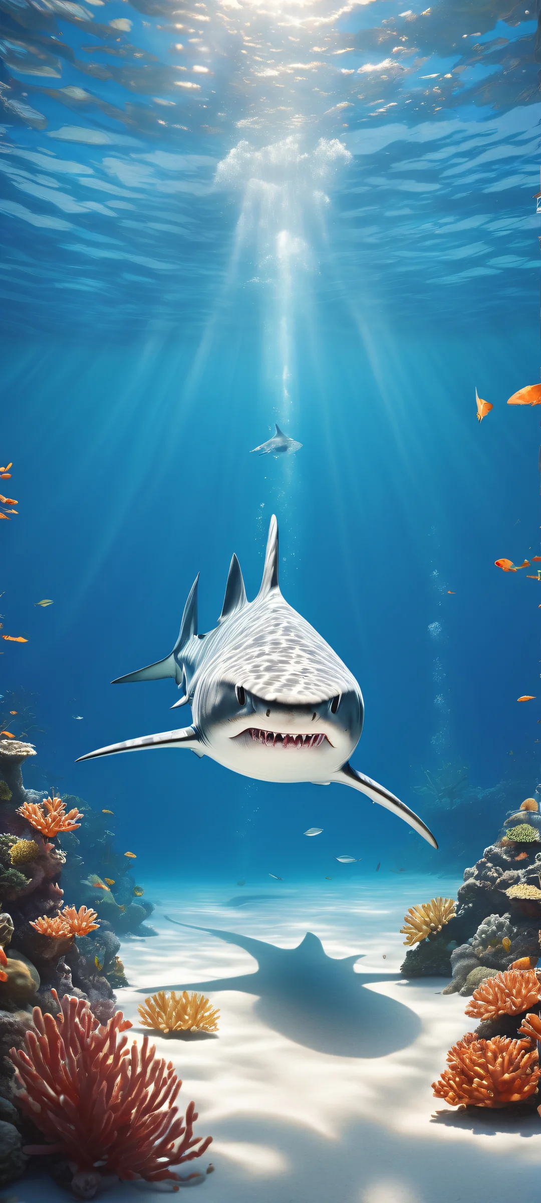 Ethereal Depths iPhone & Samsung QHD Wallpaper Stunning iPhone/Android wallpaper featuring a stylized shark with axolotl-like features, set against a serene underwater world. Perfect for your mobile home screen.