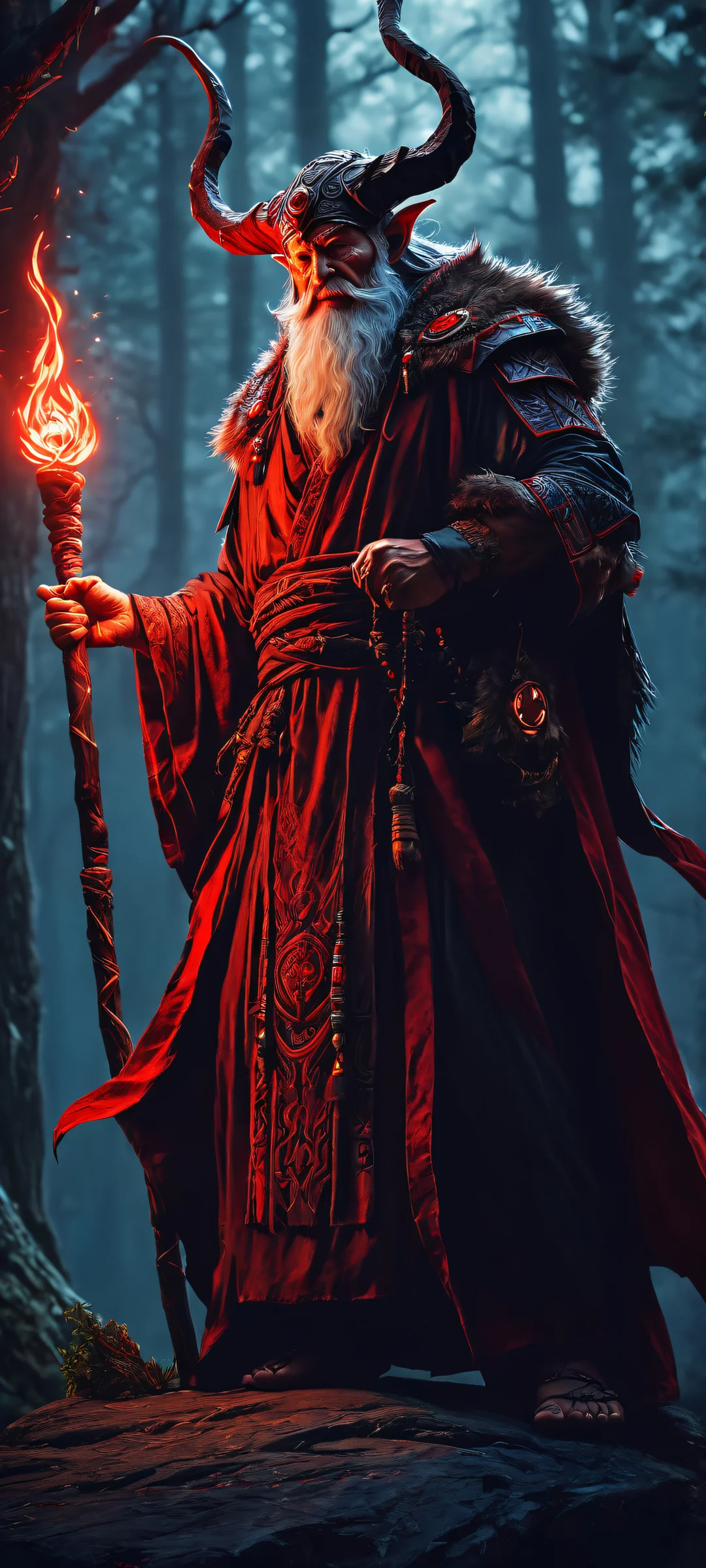 A breathtaking vertical mobile phone wallpaper of a druid in a dark, glowing red environment, perfectly optimized for iPhone and Android home screens.