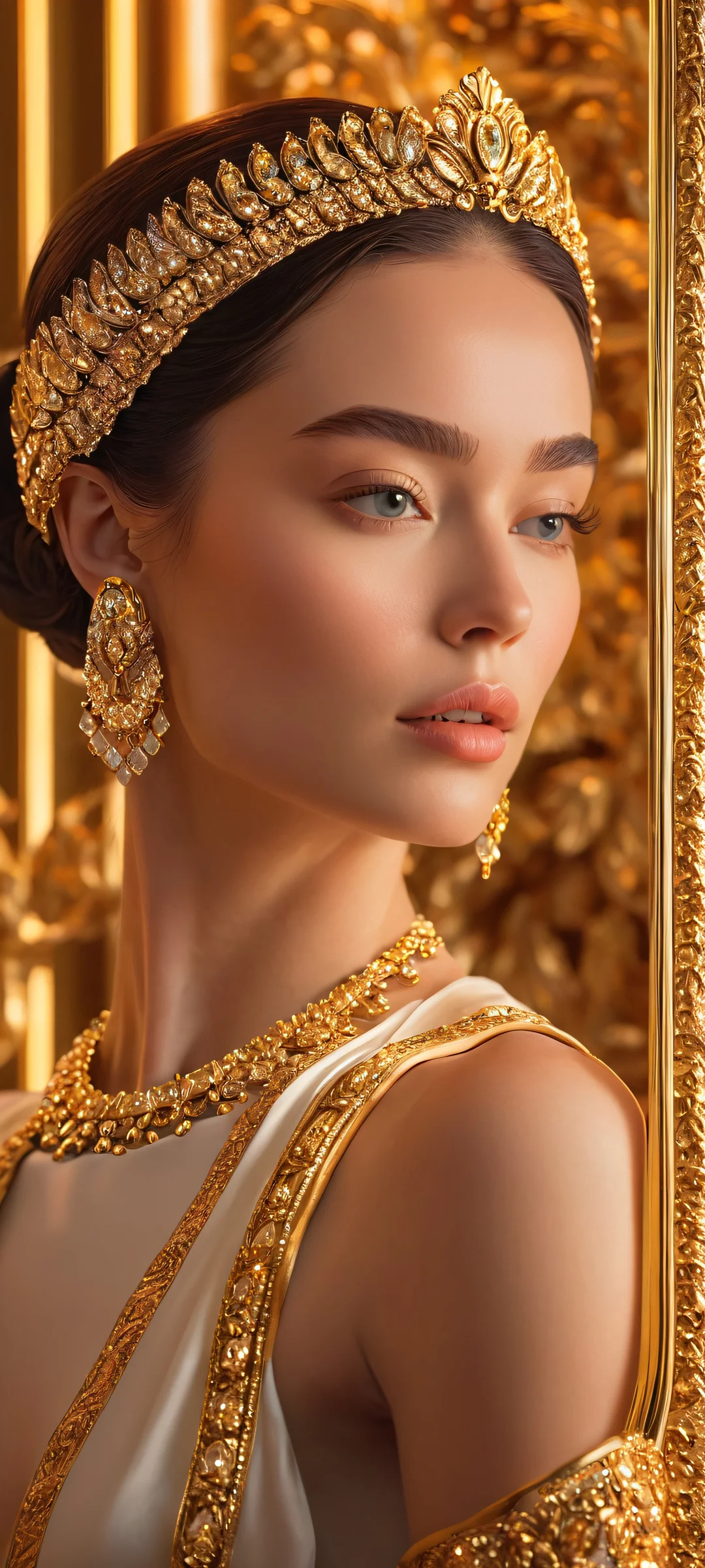A stunning visual of a prestigious woman set against luxurious gold trim, perfectly optimized for iPhone and Android home screens.