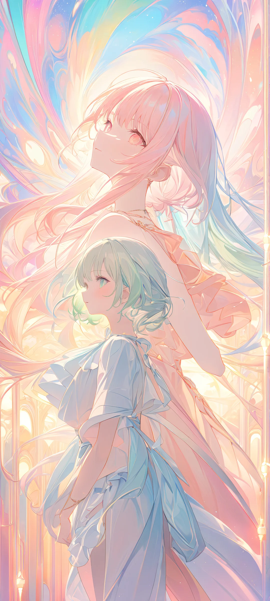 Ethereal Encounter iPhone & Android Wallpaper Two women in a serene low-light setting, featuring intricate artwork and soft pastel colors. Perfectly optimized for iPhone and Android home screens.
