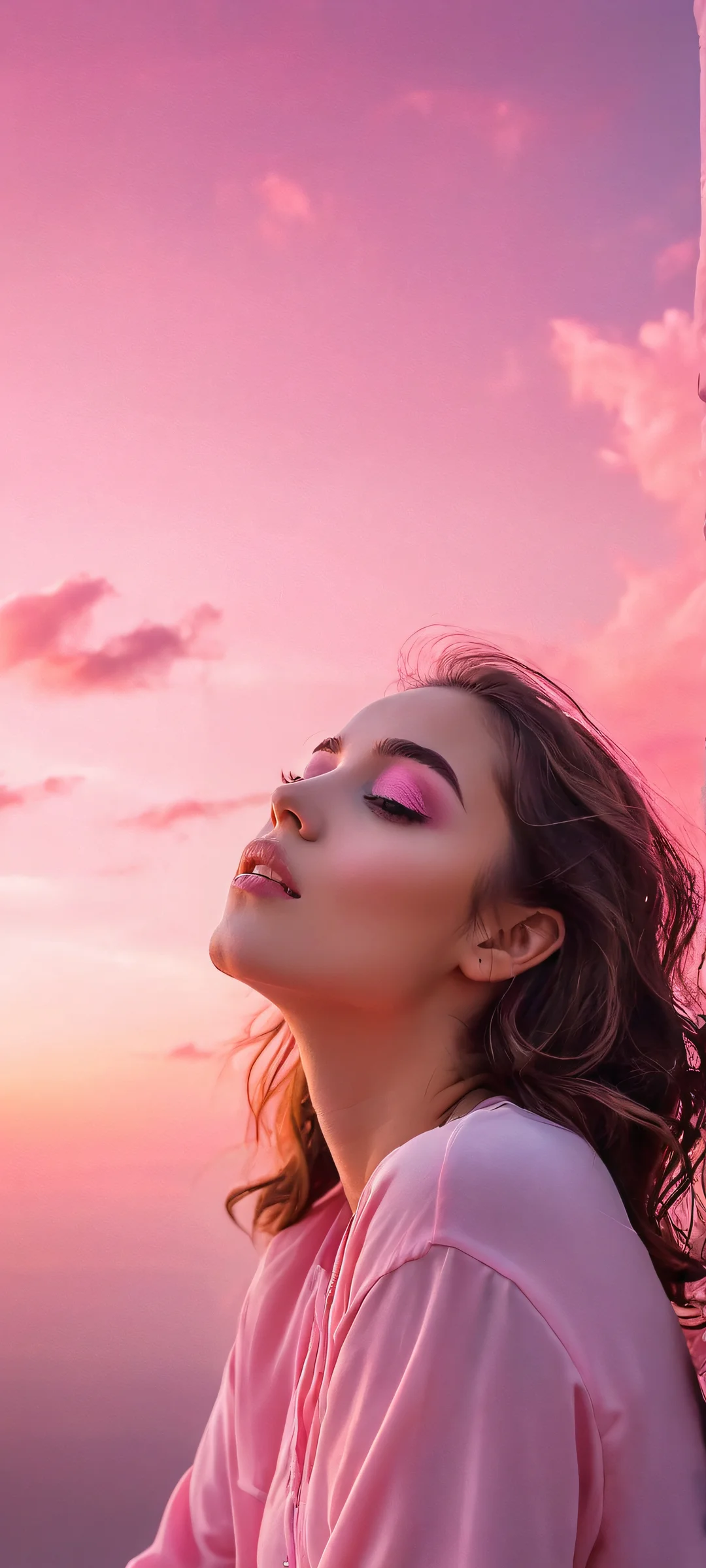 A serene 1girl moment against a pastel pink sky, lazily posed in a cinematic vaporwave setting - perfectly optimized for iPhone and Android home screens.
