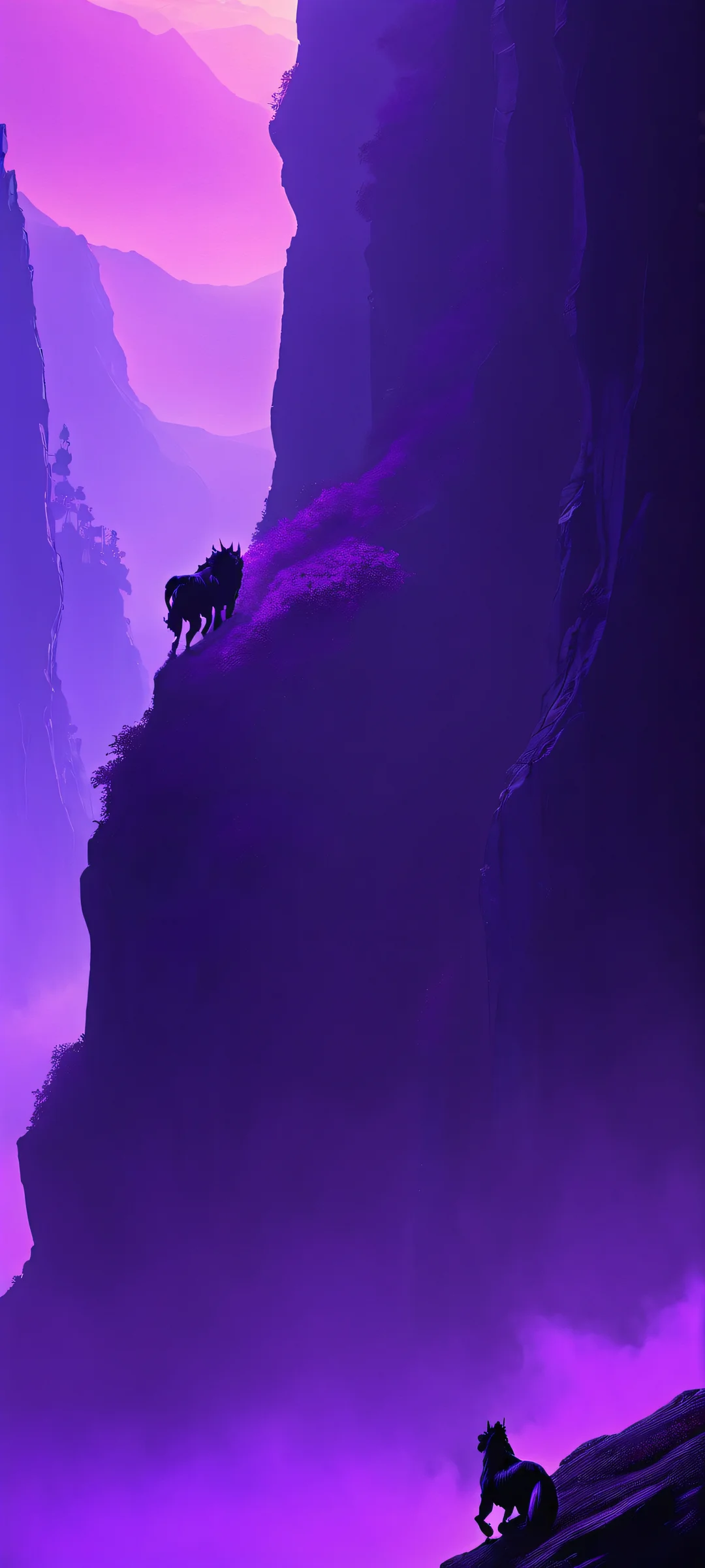 Ethereal Encounter Aesthetic Phone Wallpaper An eerie iPhone/Android wallpaper featuring a majestic Shadow Beast perched on a misty cliff, set against a mystical backdrop of purples and blues.
