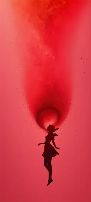 Breathtaking fairy illustration with glowing red dust against a simple background, perfect for iPhone/Android home screens.