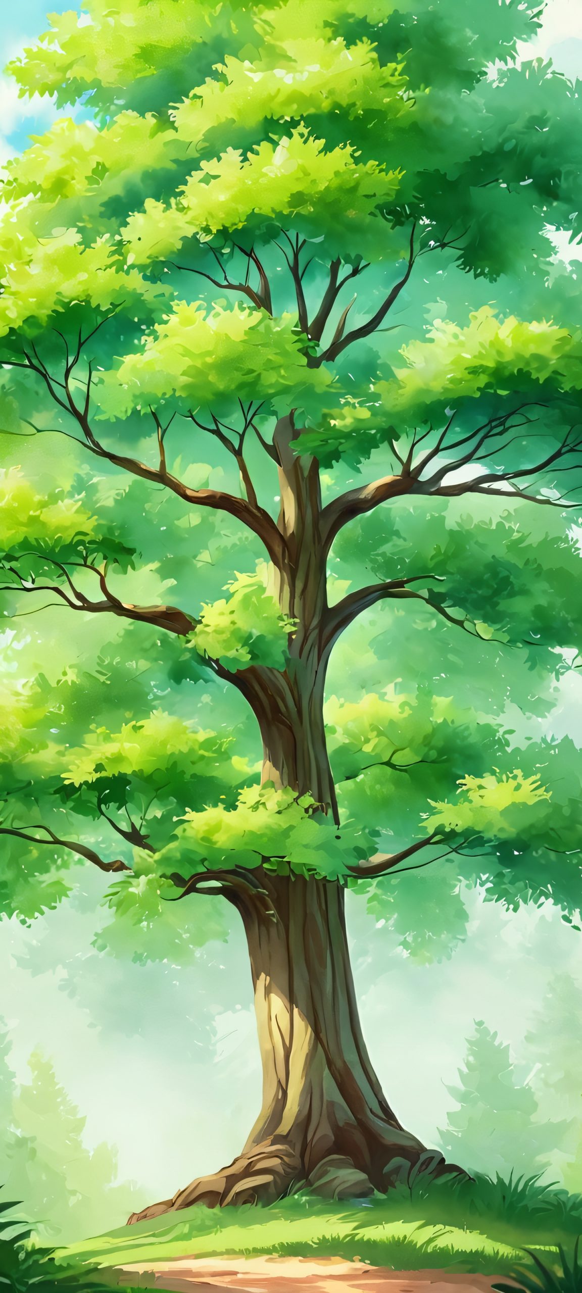 Breathtaking vertical mobile wallpaper of a serene forest, featuring soft watercolor trees, a tranquil lake, and a hint of mist, perfect for iPhone and Android home screens.