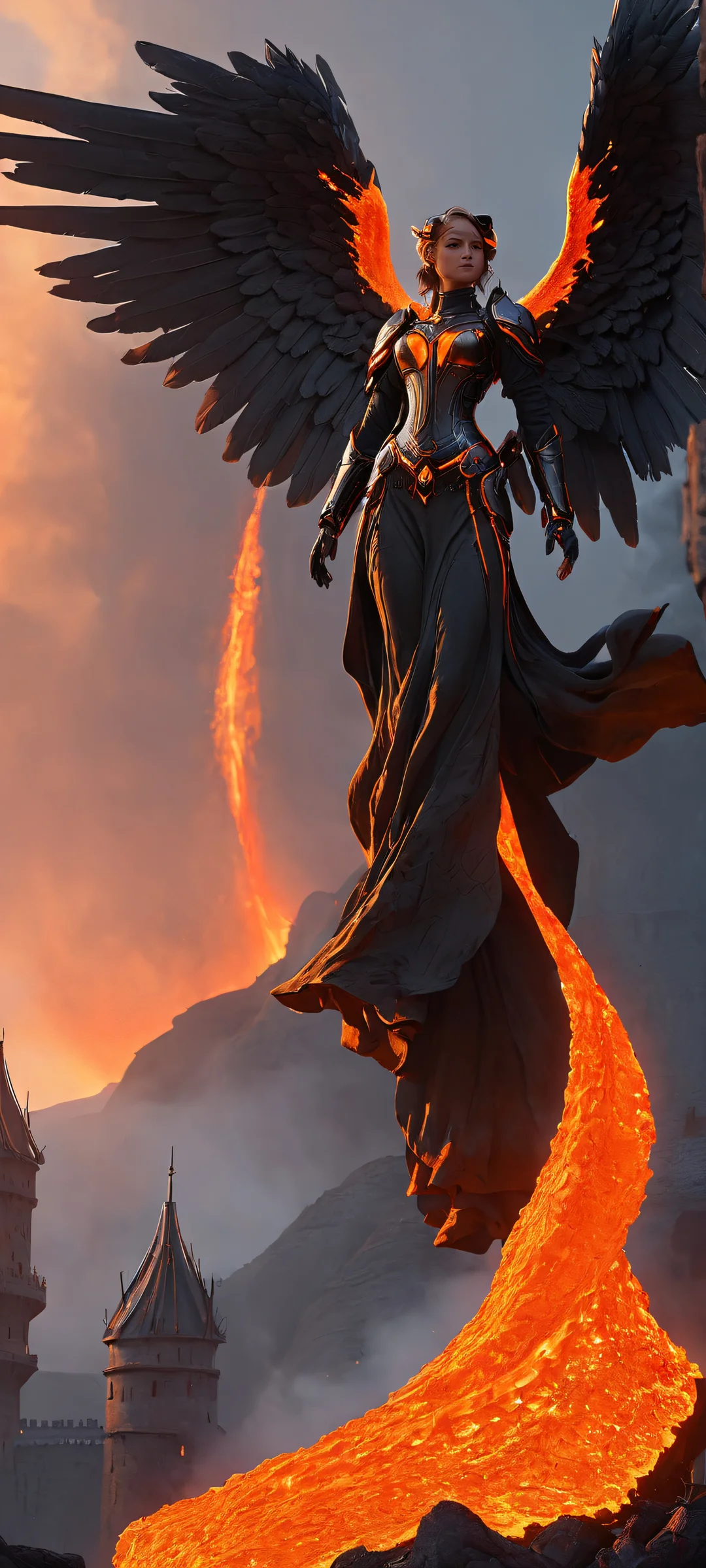 Breathtaking mobile wallpaper featuring an angelic fortress surrounded by lava and orange hues, perfectly optimized for iPhone/Android home screens.