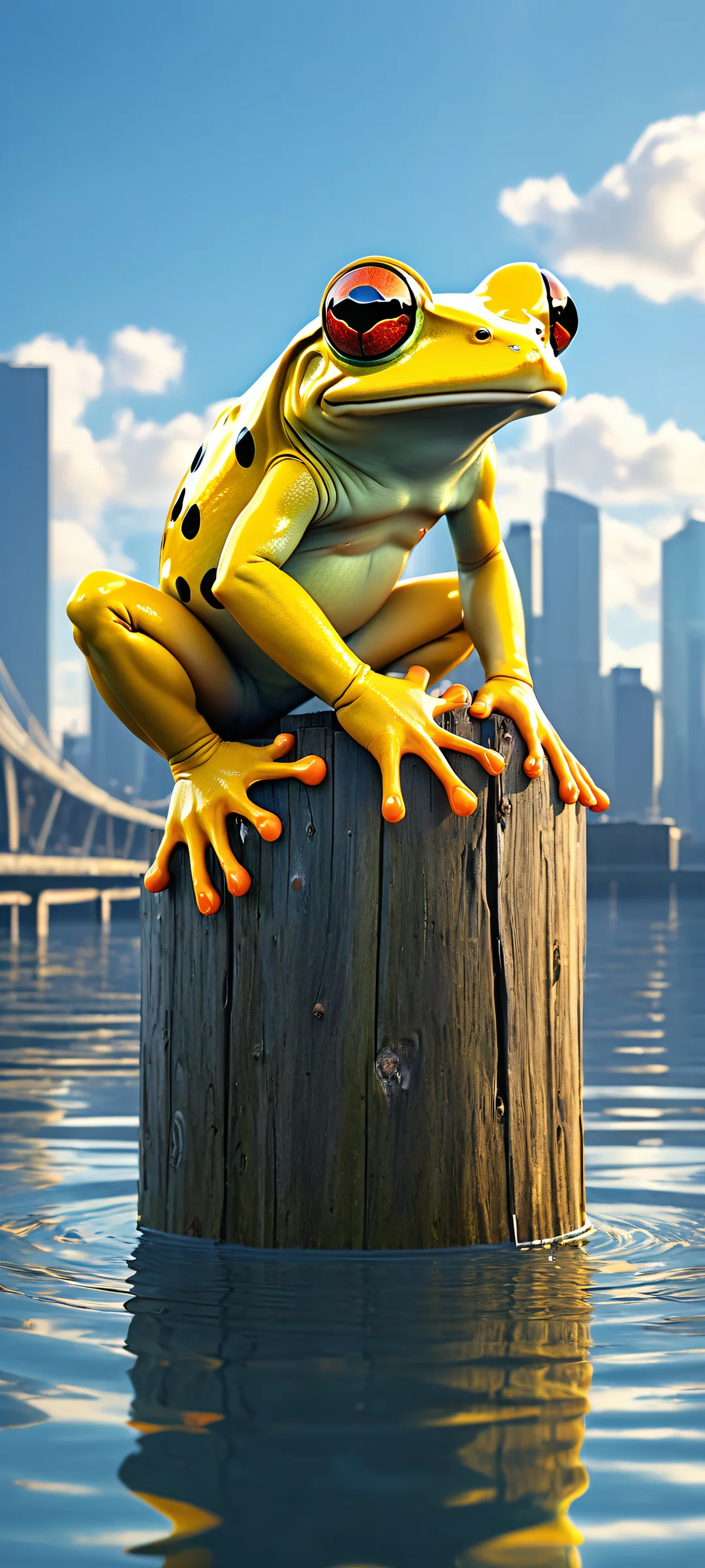 A mechanical frog sits in the lower-middle of a serene urban setting featuring a modern city skyline, children fishing, and a cloudy sky above. Perfectly optimized for iPhone and Android home screens.