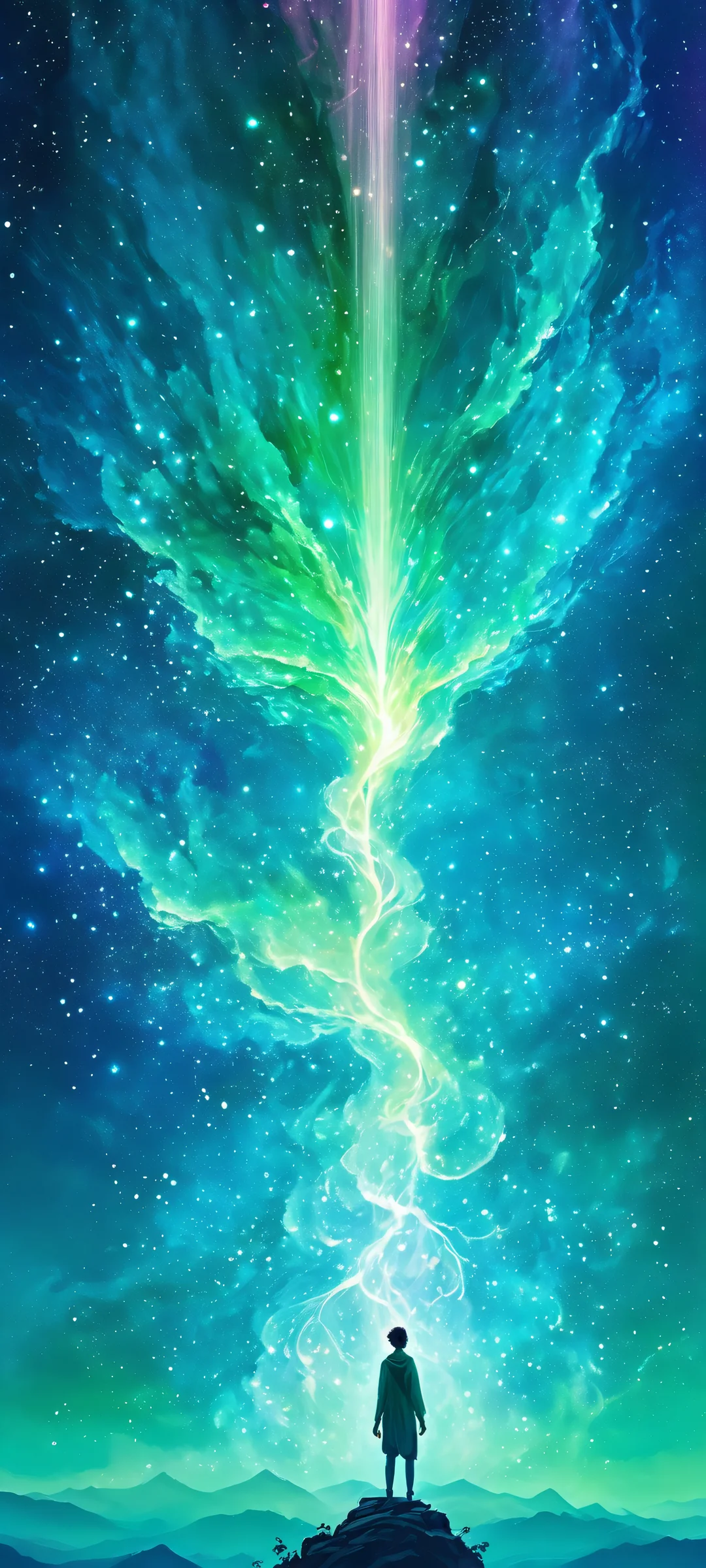 Ethereal Glow 2K Phone Wallpaper A surreal illustration of a person surrounded by a stunning, multi-colored glow on an iPhone or Android home screen.