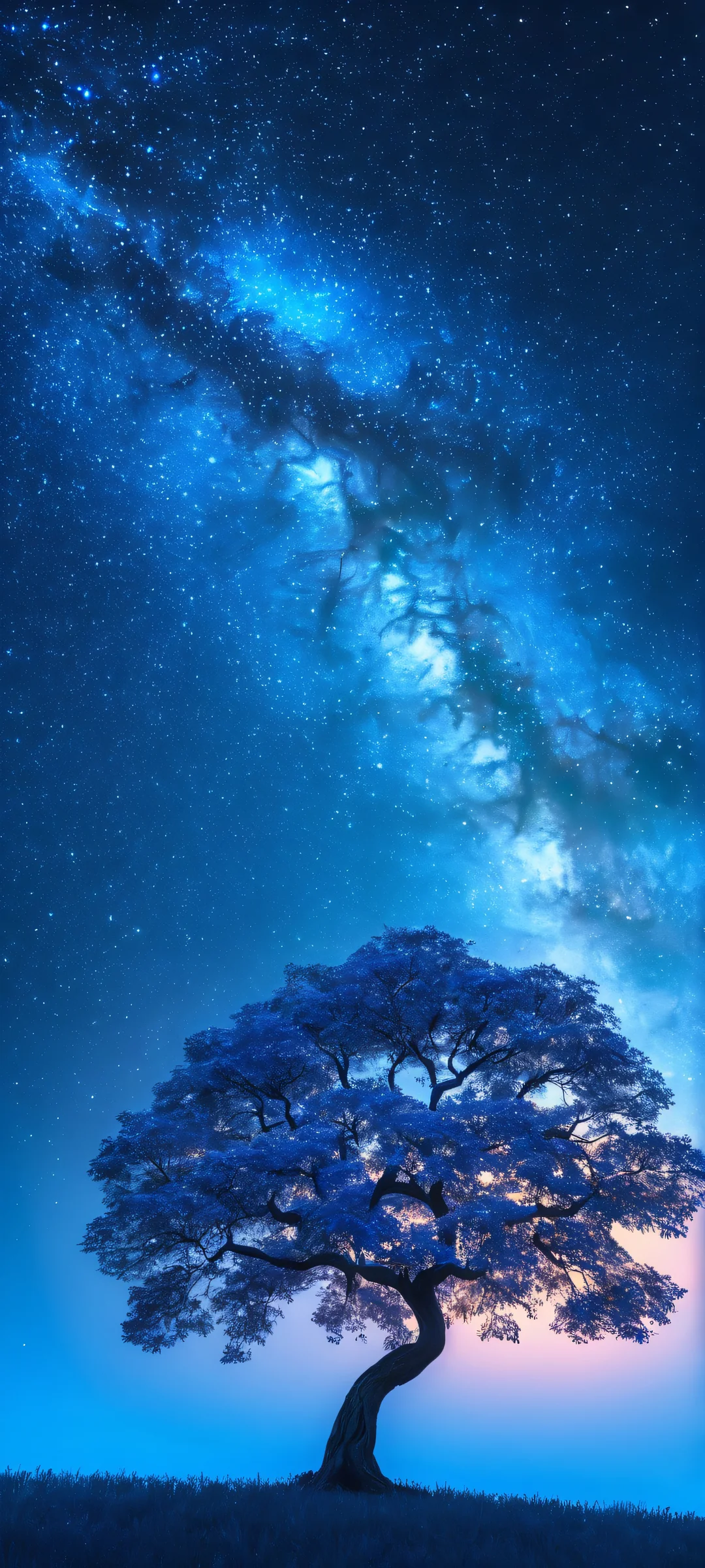 A stunning iPhone and Android compatible wallpaper of an ethereal glowing tree set against a starry night sky, with soft blue hues.