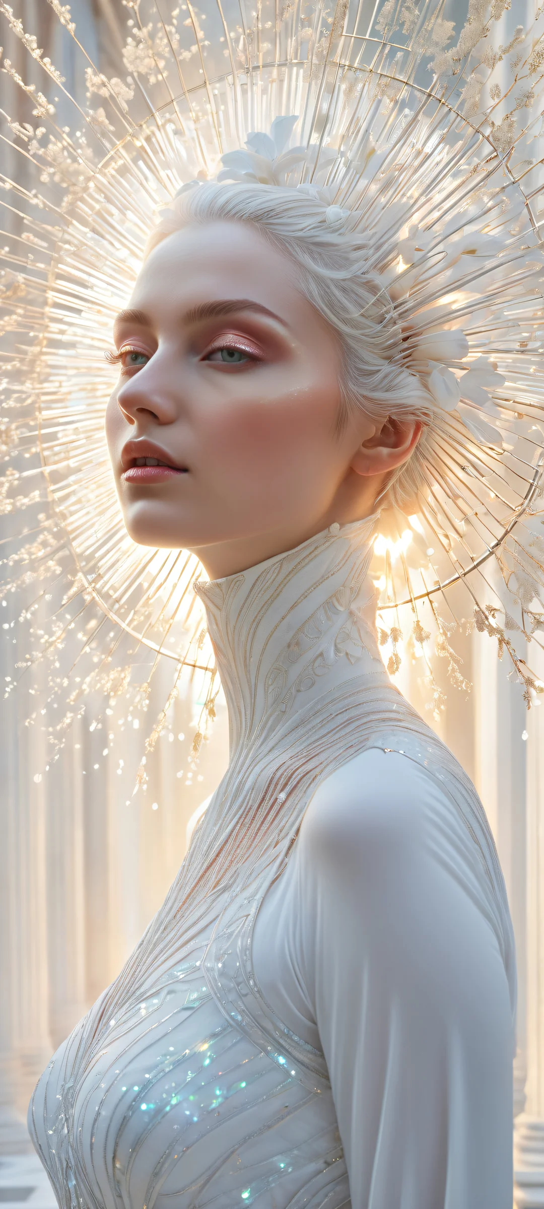 A stunning portrait of a woman in an all white dress on iPhone/Android, featuring intricate micro-details and ethereal lighting.