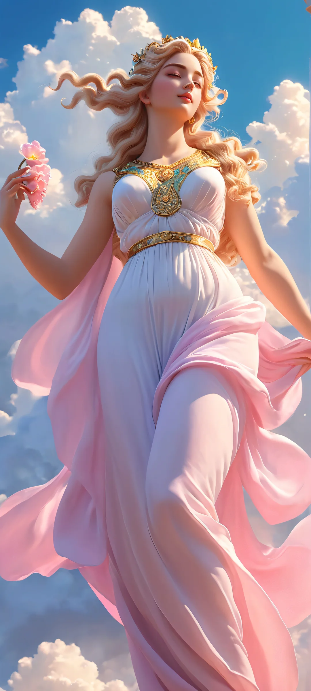 A stunning vertical mobile wallpaper featuring a goddess surrounded by soft pastel clouds on an iPhone or Android device.
