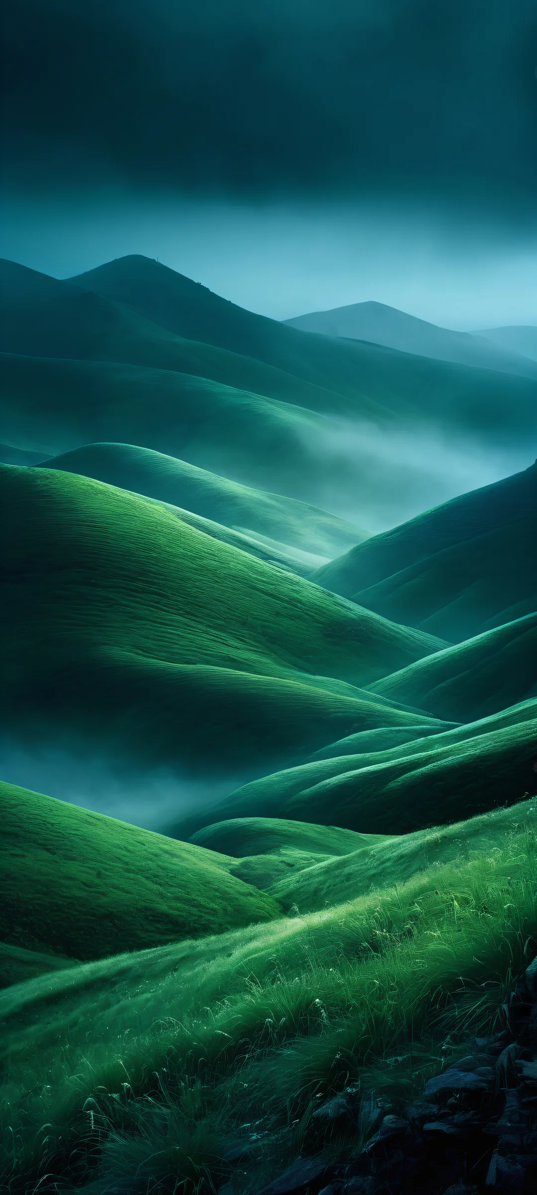 iPhone and Android mobile phone wallpaper featuring a breathtaking night landscape of hills with green and blue hues, cinematic lighting, and deep rich colors.