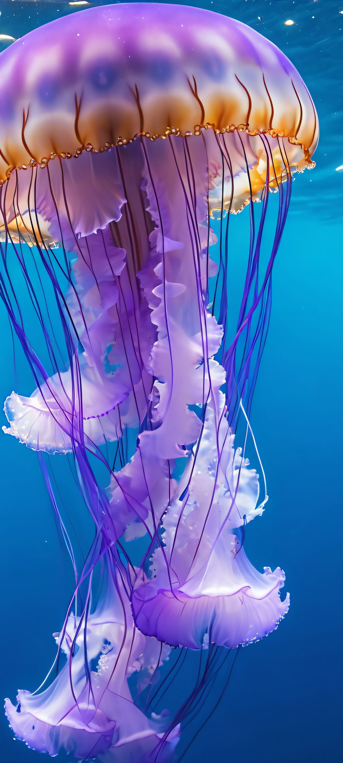Jellyfish swim in the soft glow of an underwater world, perfect for iPhone and Android screens.