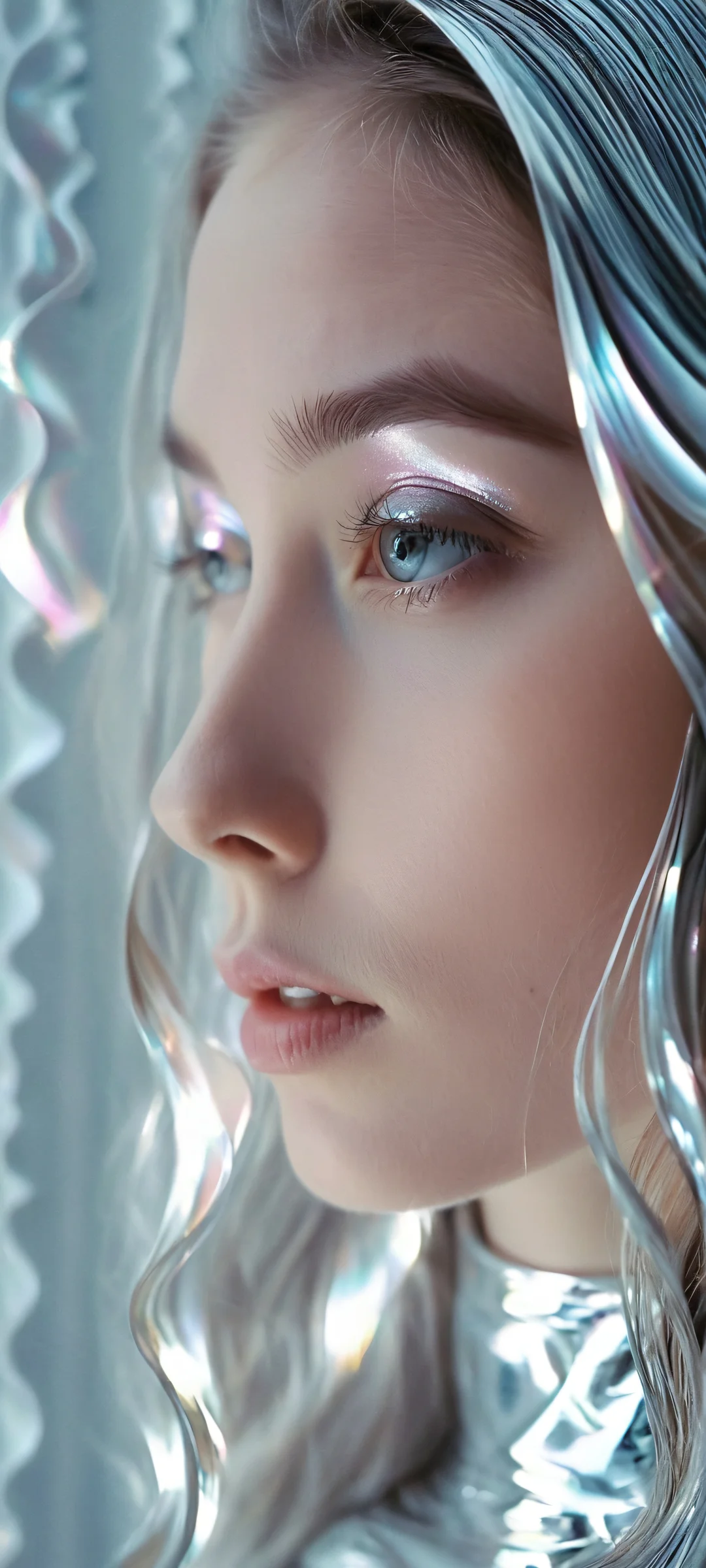 A stunning vertical mobile phone wallpaper of a girl surrounded by metallic waves, shot on Kodak Portra 400 film. Perfect for iPhone and Android home screens.