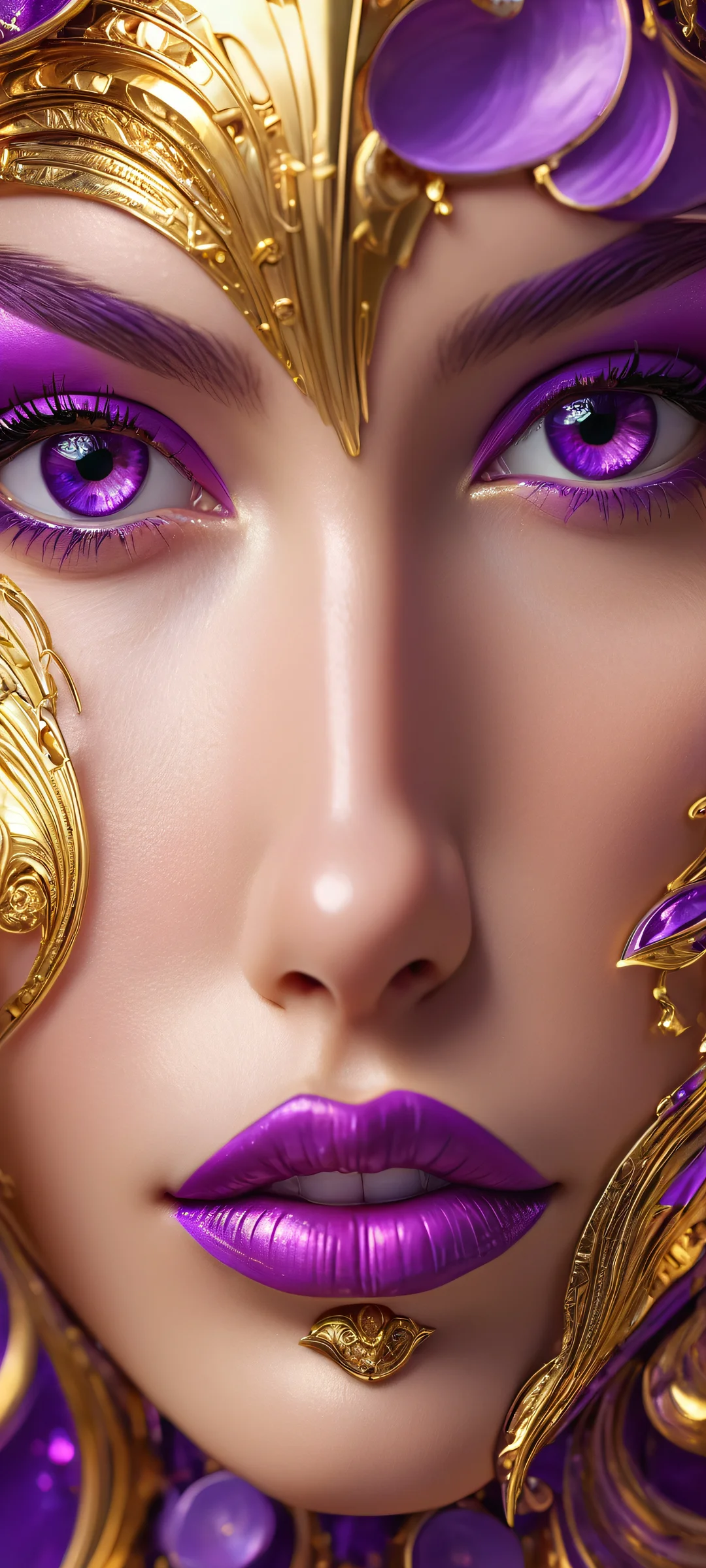 Ethereal Majesty 2K Phone Wallpaper A majestic abstract artwork featuring a stunning face in shades of purple and gold, perfectly suited for iPhone/Android home screens.