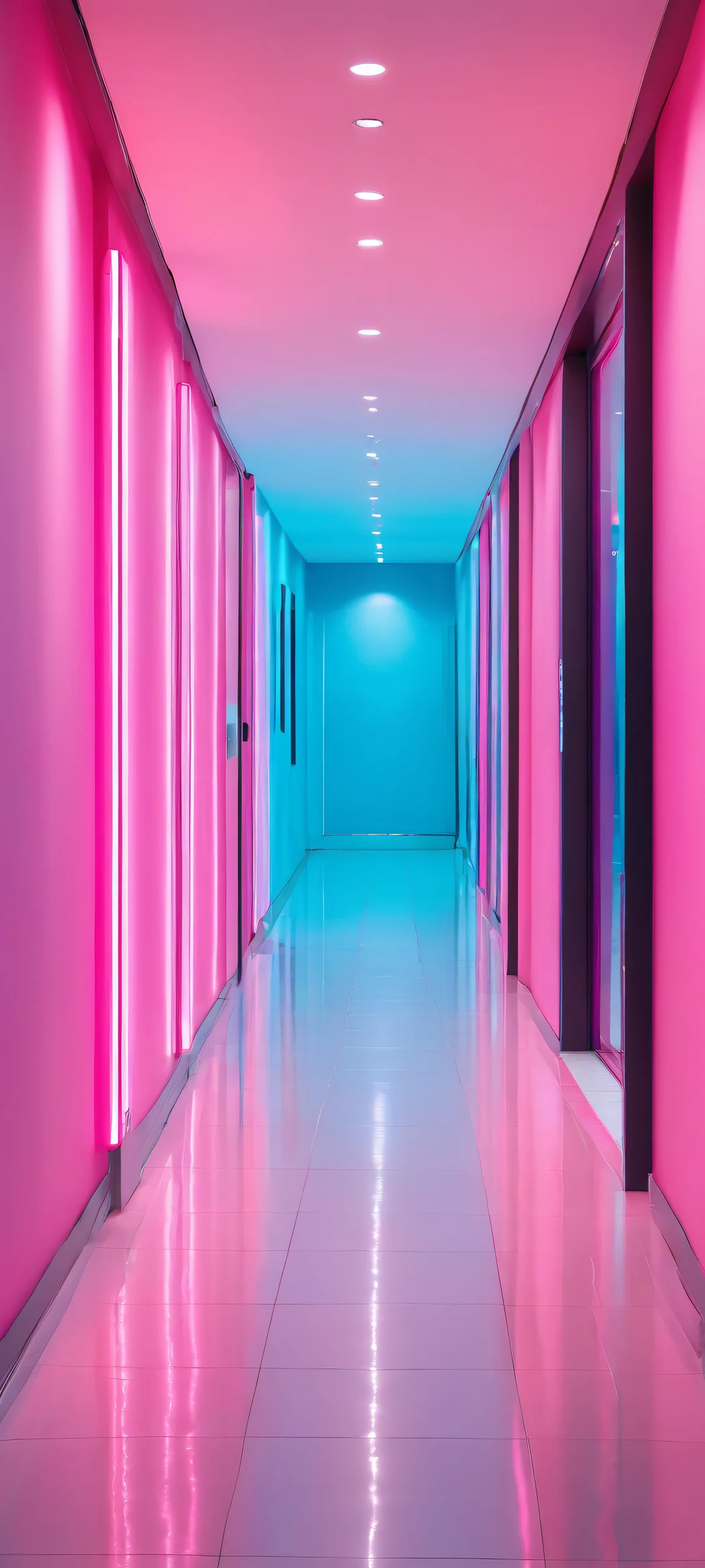 Ethereal Mall 2K Mobile Background Vaporwave-inspired mobile wallpaper featuring an empty shopping mall hallway lit by neon pink and pastel blue lights. Perfectly optimized for iPhone, Samsung Galaxy, and Android home screens.