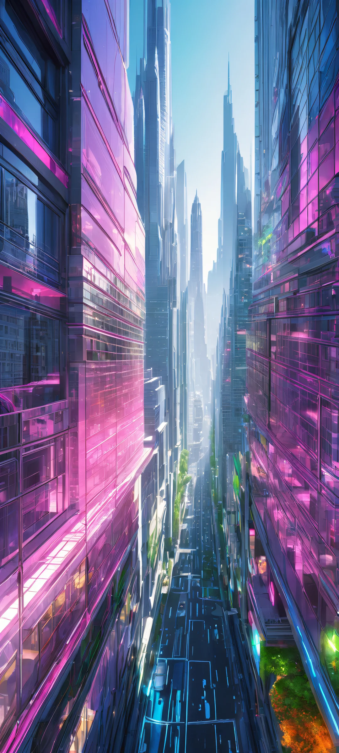 Futuristic cityscape artwork for iPhone/Android with radiant colors and ray-traced reflections.