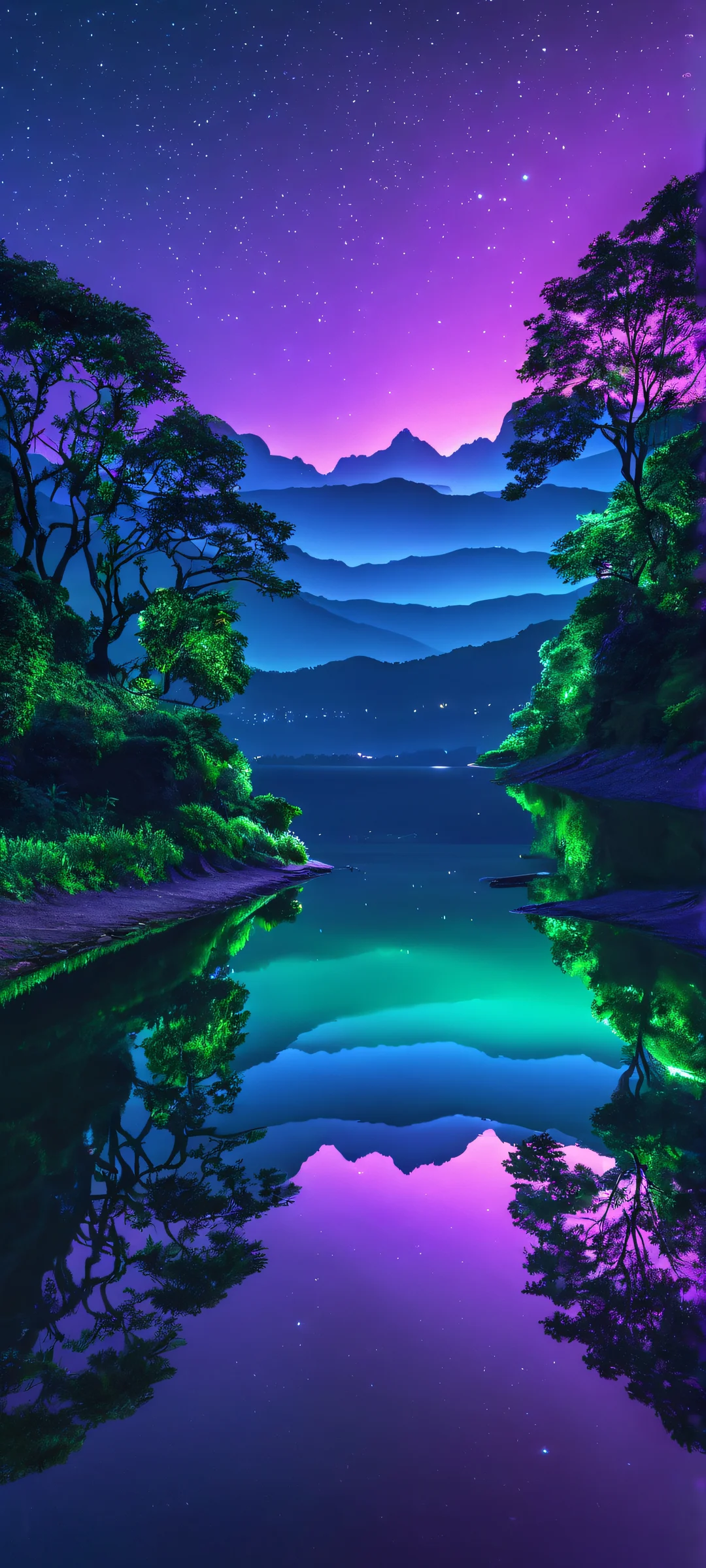 Ethereal Nighttime Reflection QHD Smartphone Background iPhone/Android: Hypnotic nighttime reflection in shades of blue, purple, and green. Perfect for home screens.