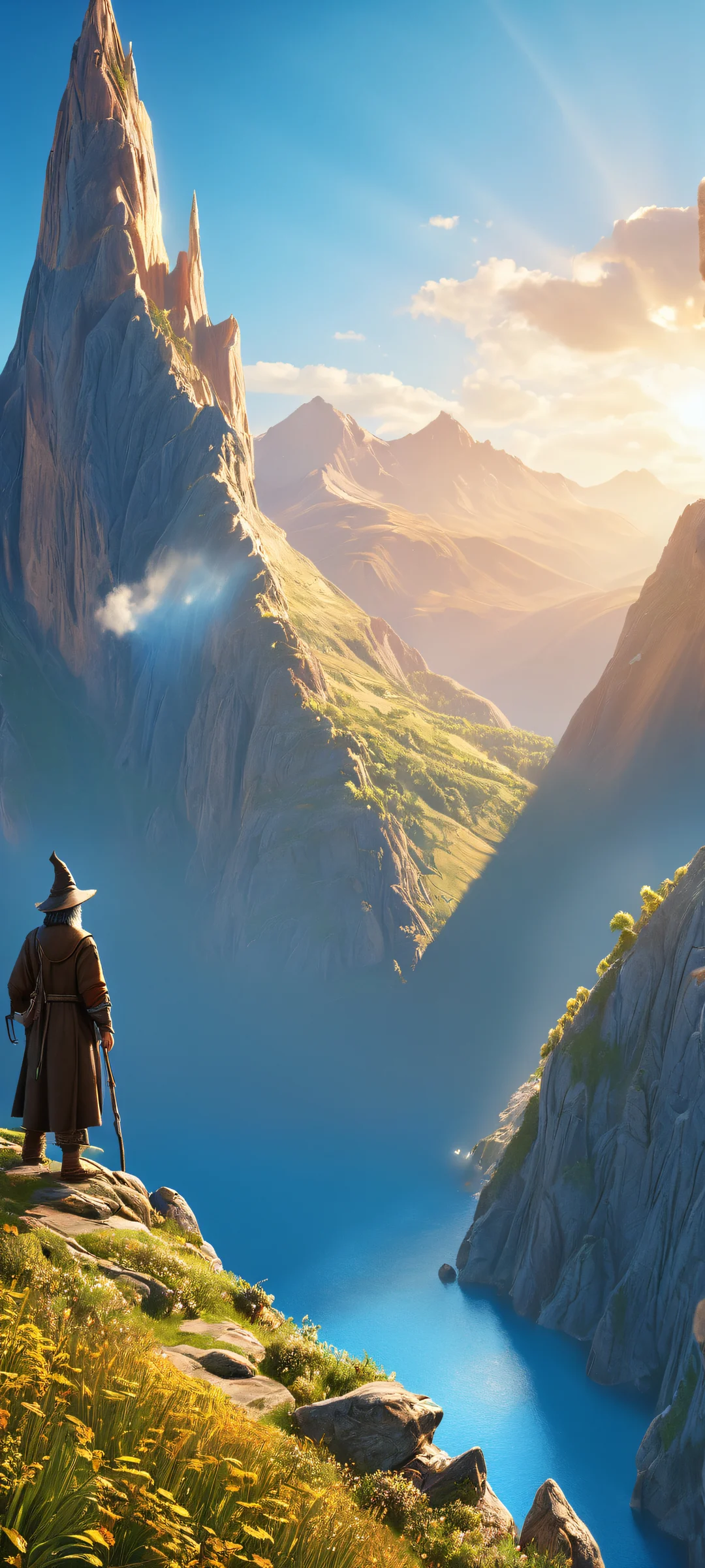 A majestic wizard stands at the edge of a mystical oasis, perfectly rendered for iPhone and Android screens.