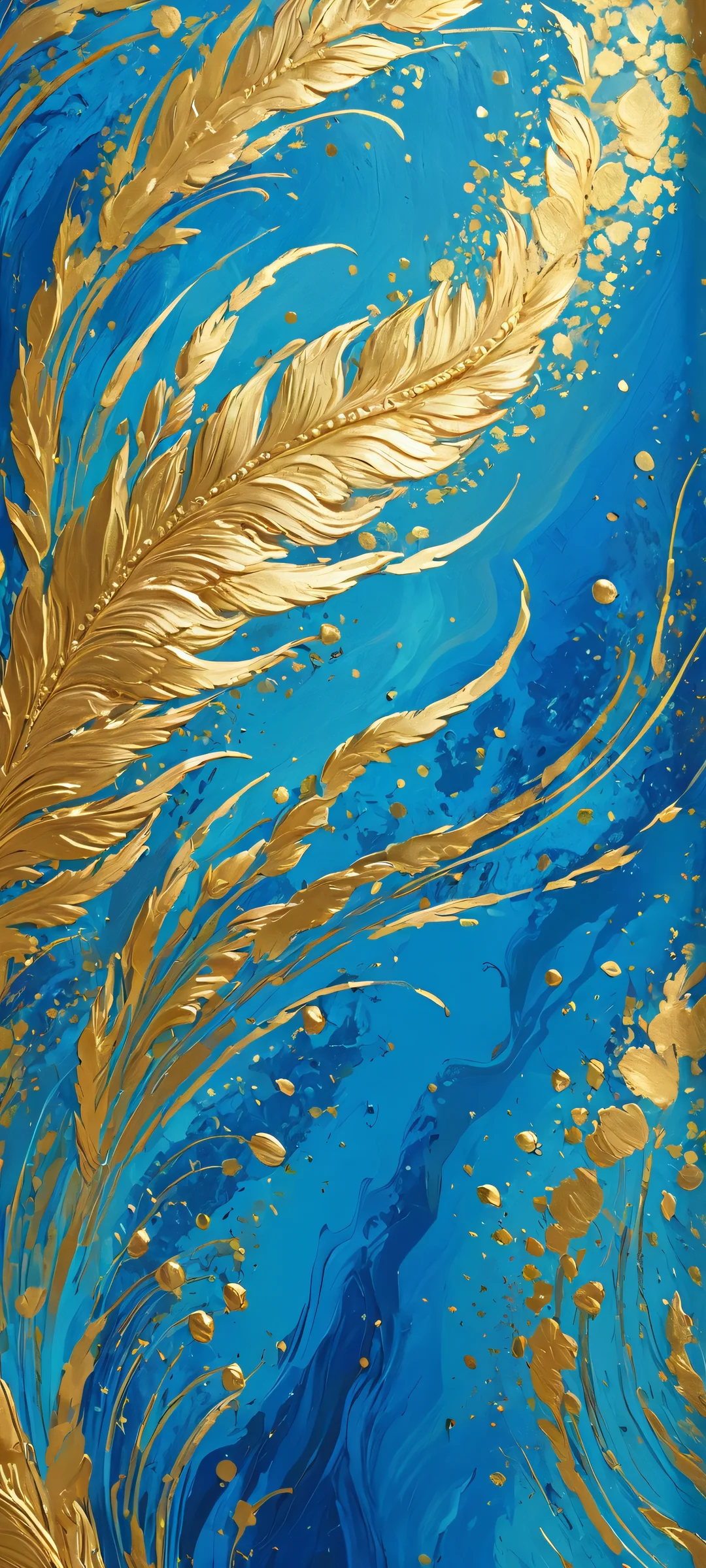 Ethereal Oasis 2K Phone Wallpaper A serene blue landscape on an iPhone/Android screen with golden hues and painterly brushstrokes. Perfect for a peaceful mobile experience.