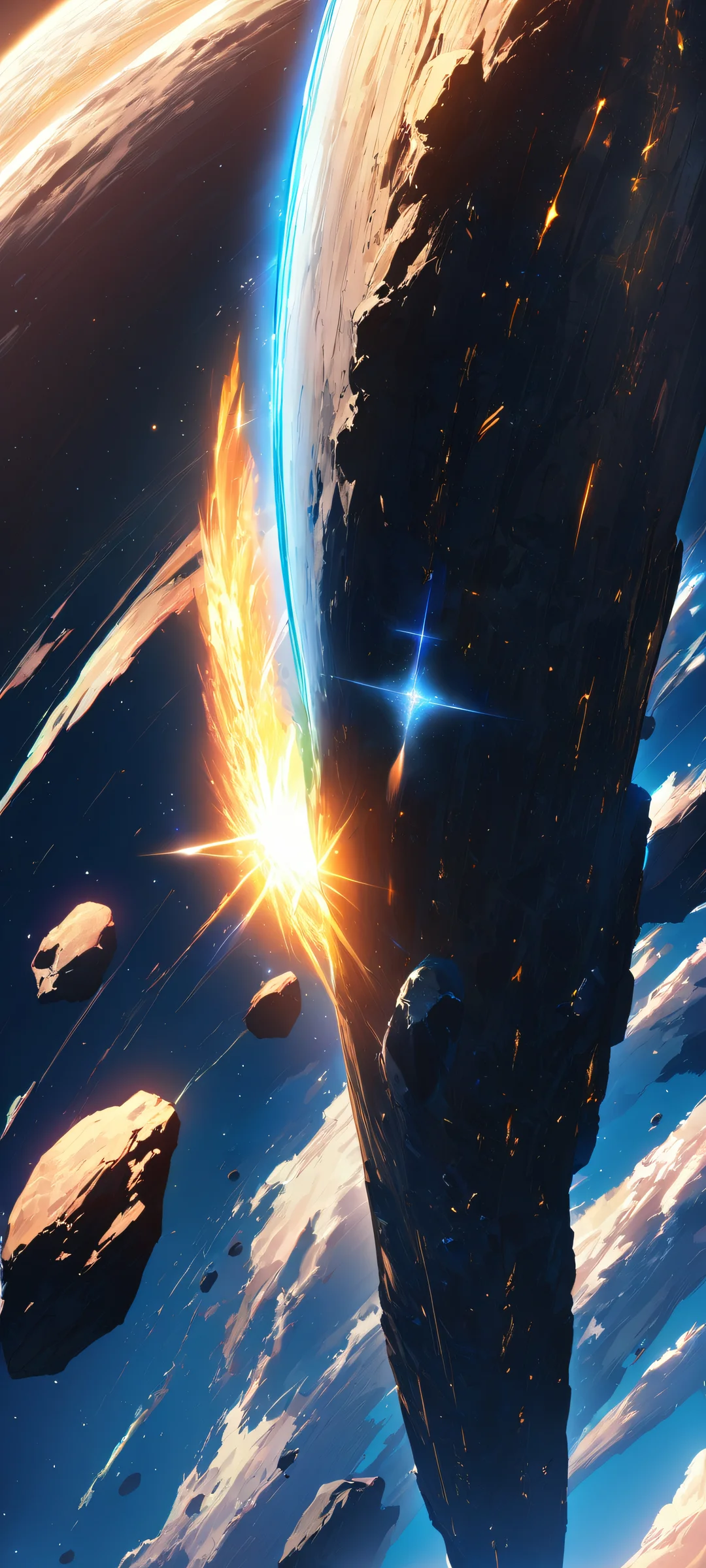 A stunning vertical wallpaper of an asteroid field against a celestial backdrop, perfectly suited for iPhone/Android devices.