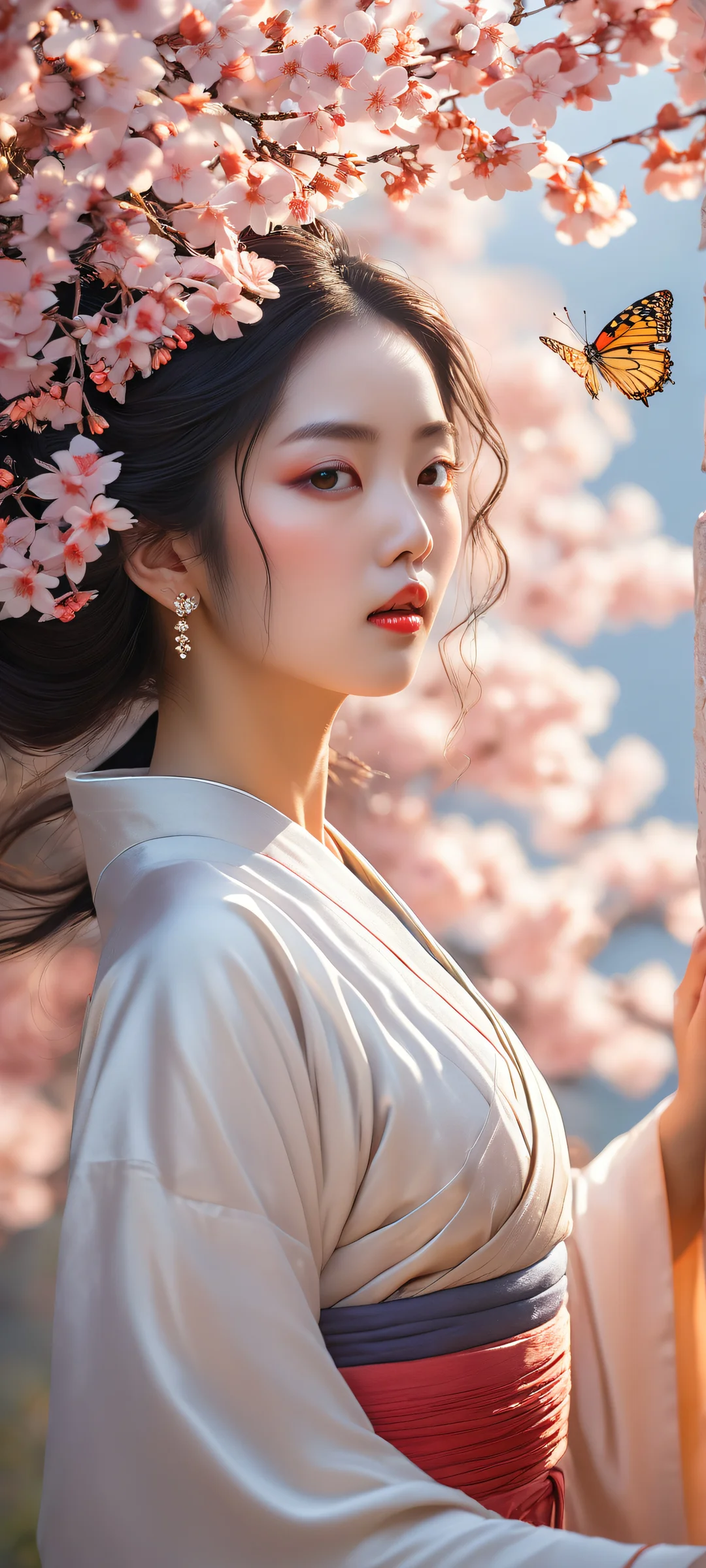 Ethereal Onmyoji Portrait 2K QHD Mobile Wallpaper A delicate Onmyoji figure surrounded by butterflies and flowers on an iPhone or Android device.