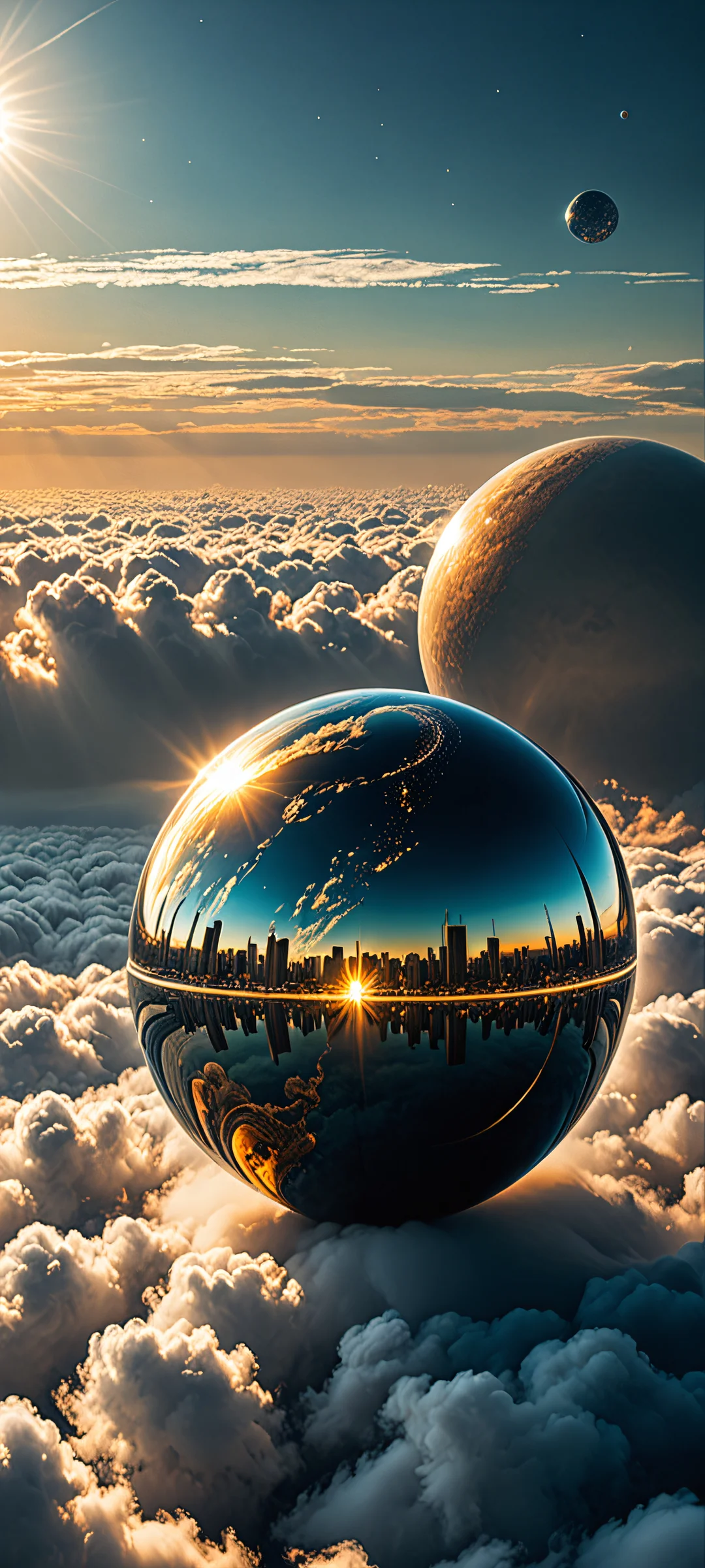 A stunning sphere rises from the horizon, illuminated by warm sunlight and shrouded in a misty veil. Perfectly optimized for iPhone, Samsung Galaxy, and Android home screens.