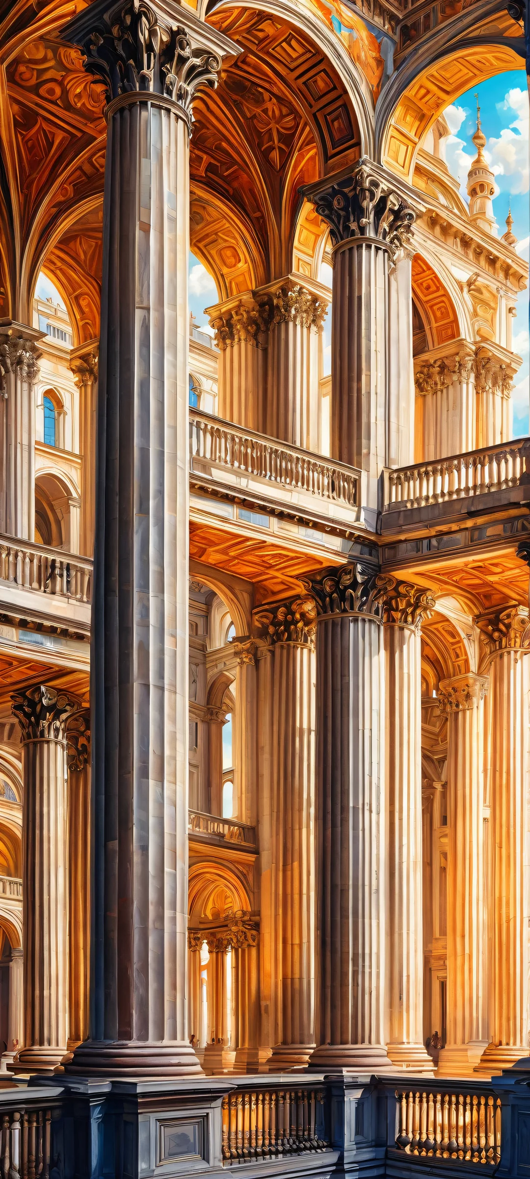 iPhone and Android users will be mesmerized by this stunning vertical mobile phone wallpaper featuring a breathtaking classical Renaissance architecture-inspired oil painting of an epic pagoda at night, with vibrant colors and intricate details.