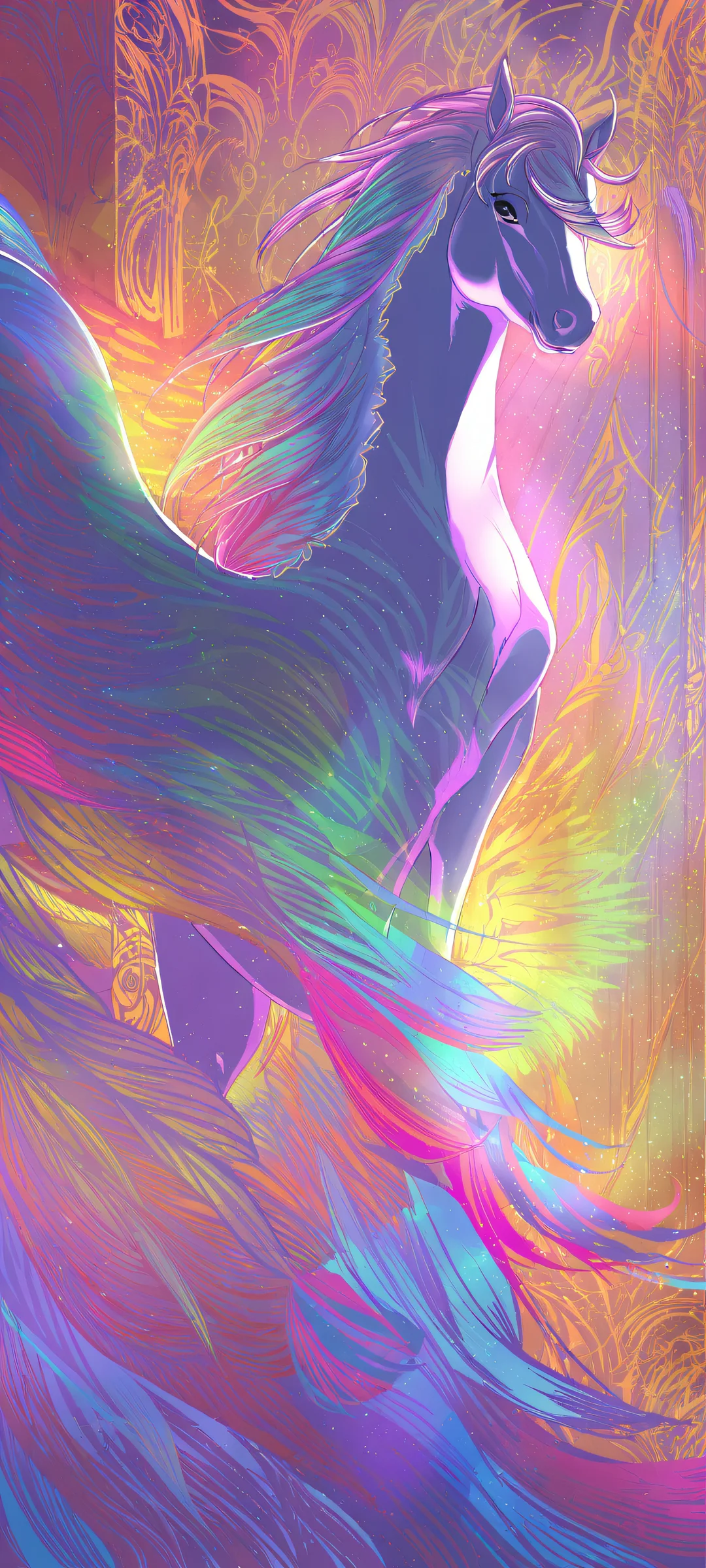 Ethereal Pony 2K Phone Wallpaper Beautiful pony in a fantasy world with radiant glow and deep jewel tones for iPhone/Android