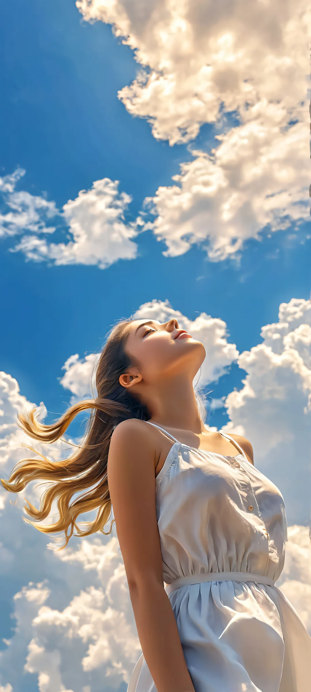 Ethereal Quest 2K QHD Mobile Wallpaper A majestic girl stands atop a misty mountain peak, with clouds and blue sky swirling beneath her. Perfect for iPhone or Android home screens.